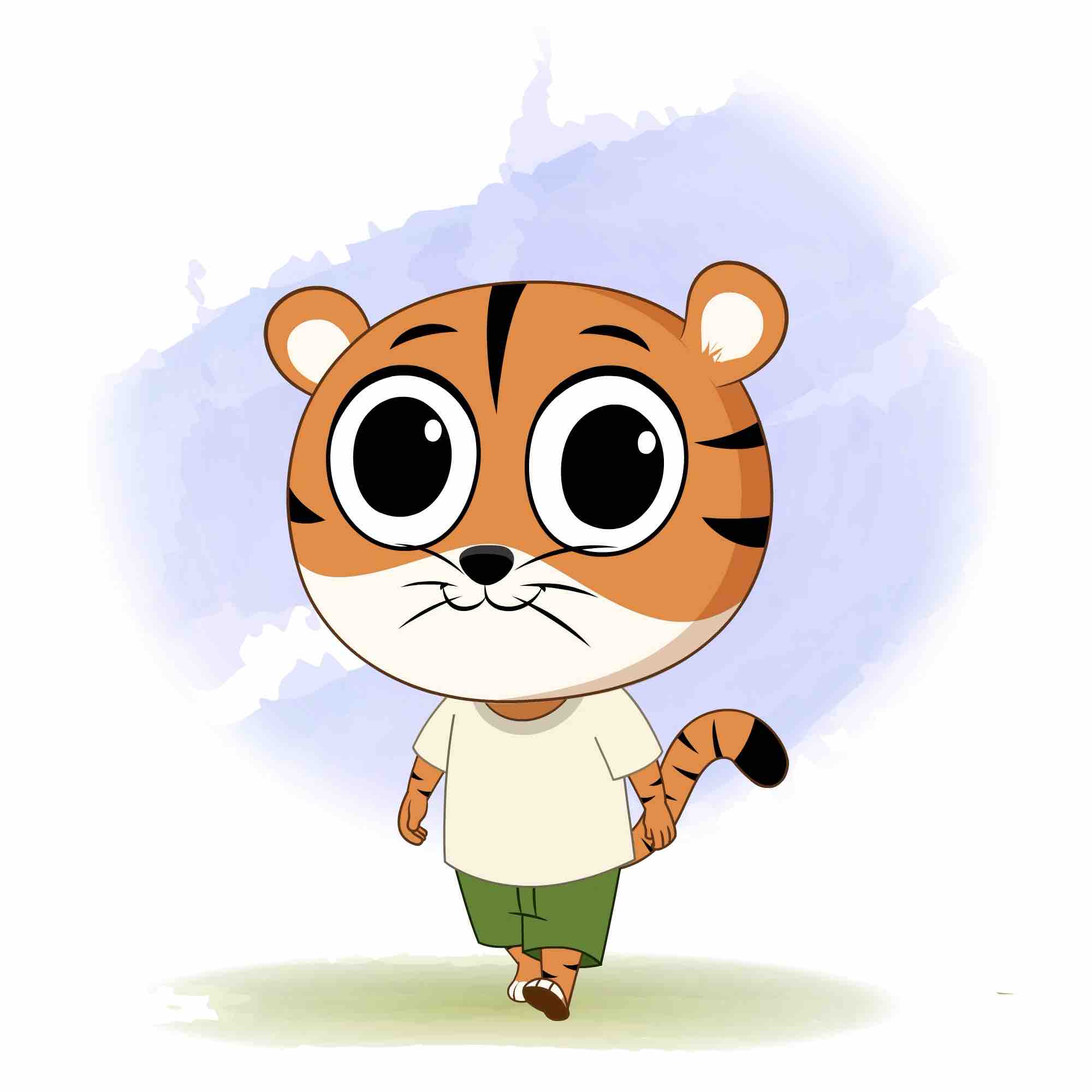 A tiger 3/4 front view/three quarter view walking animated cartoon character aka tyler the tiger