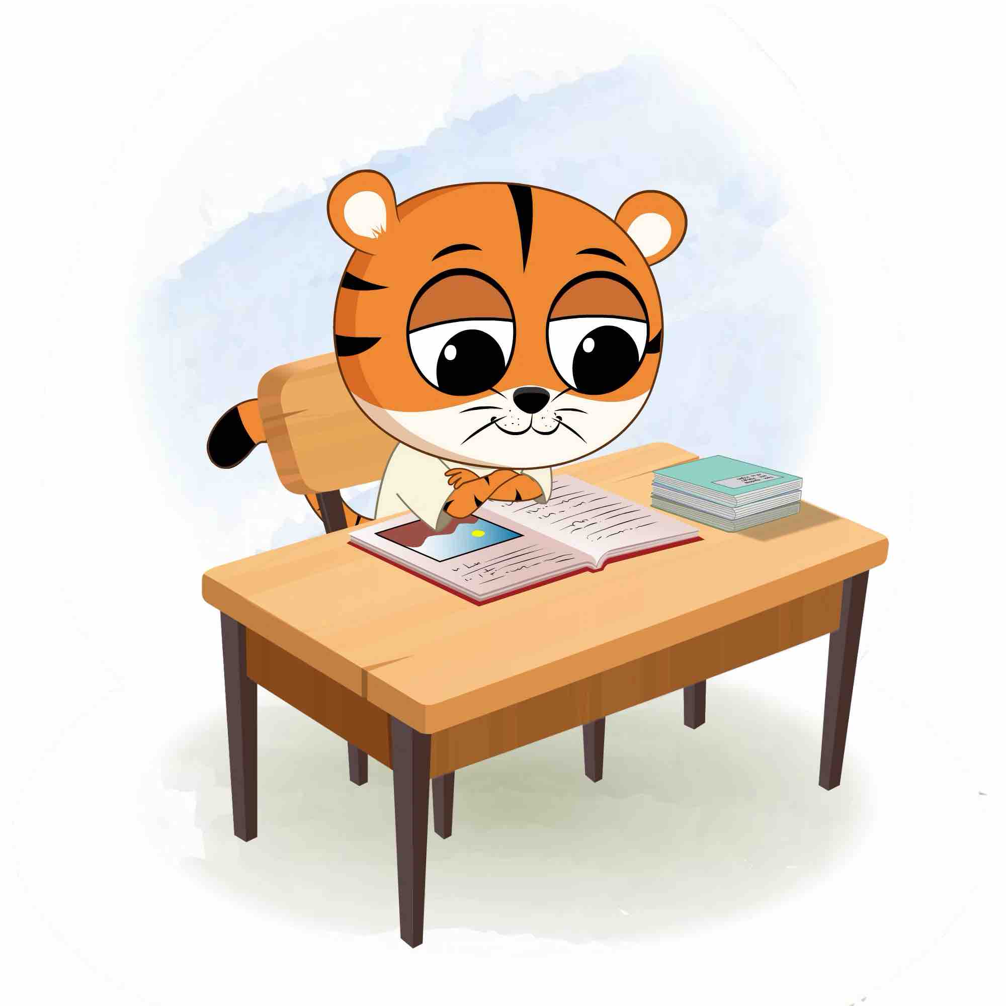 A tiger reading a book and sitting on the table animated cartoon character aka tyler the tiger