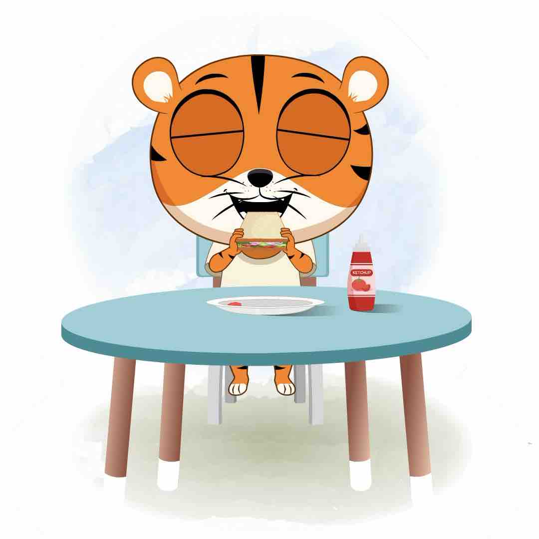 A tiger animated cartoon character sitting at a table and eating a sandwich aka tyler the tiger