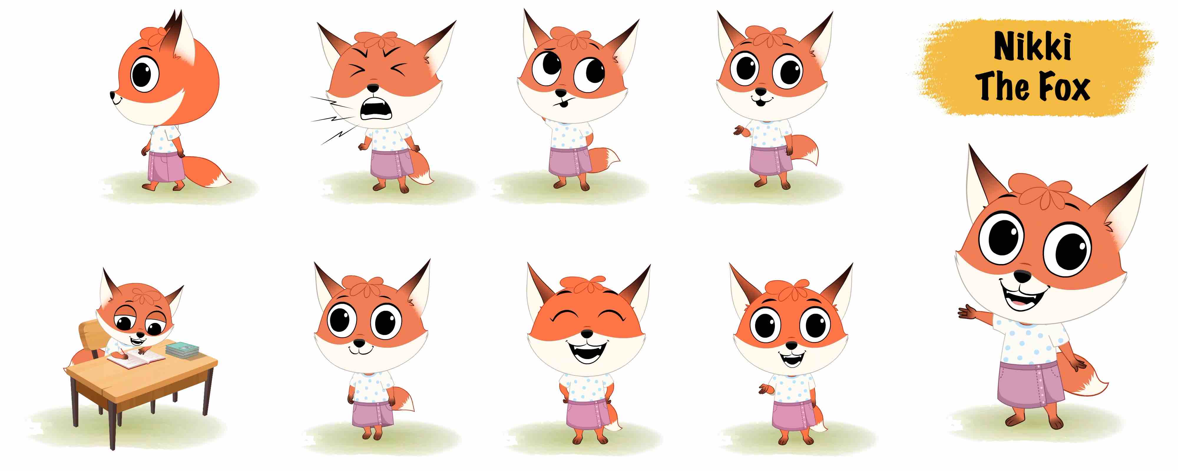 Cute fox animated vector cartoon character model sheet AKA Nikki The Fox