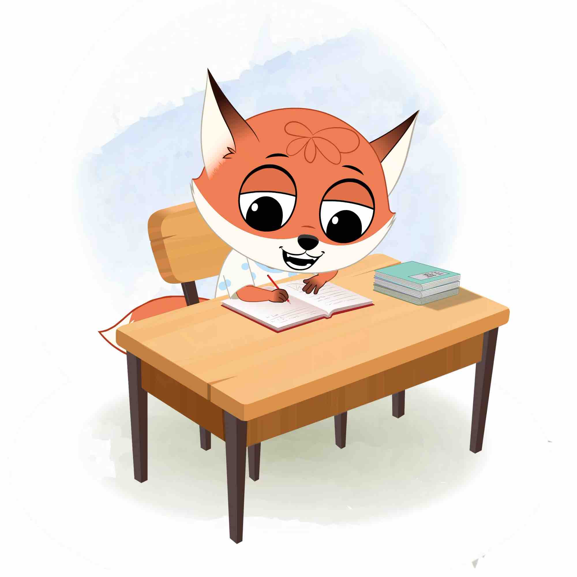 A fox doing homework and sitting on the table animated cartoon character aka nikki the fox