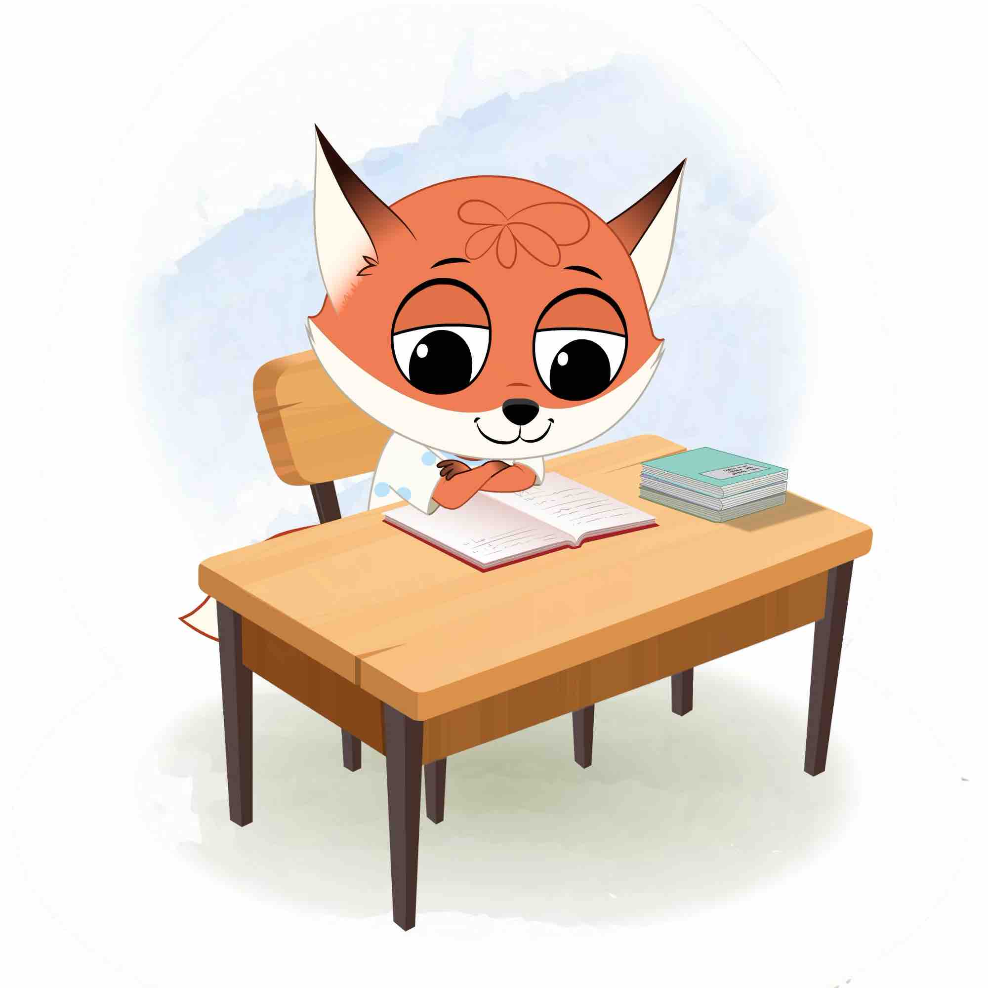 A fox reading a book and sitting on the table animated cartoon character aka nikki the fox