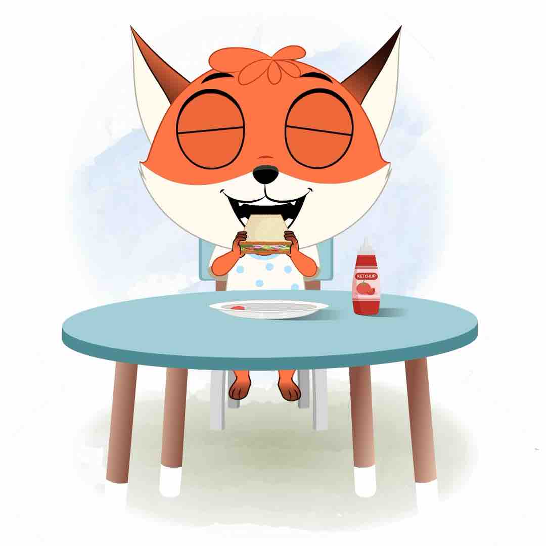 A fox animated cartoon character sitting at a table and eating a sandwich aka nikki the fox