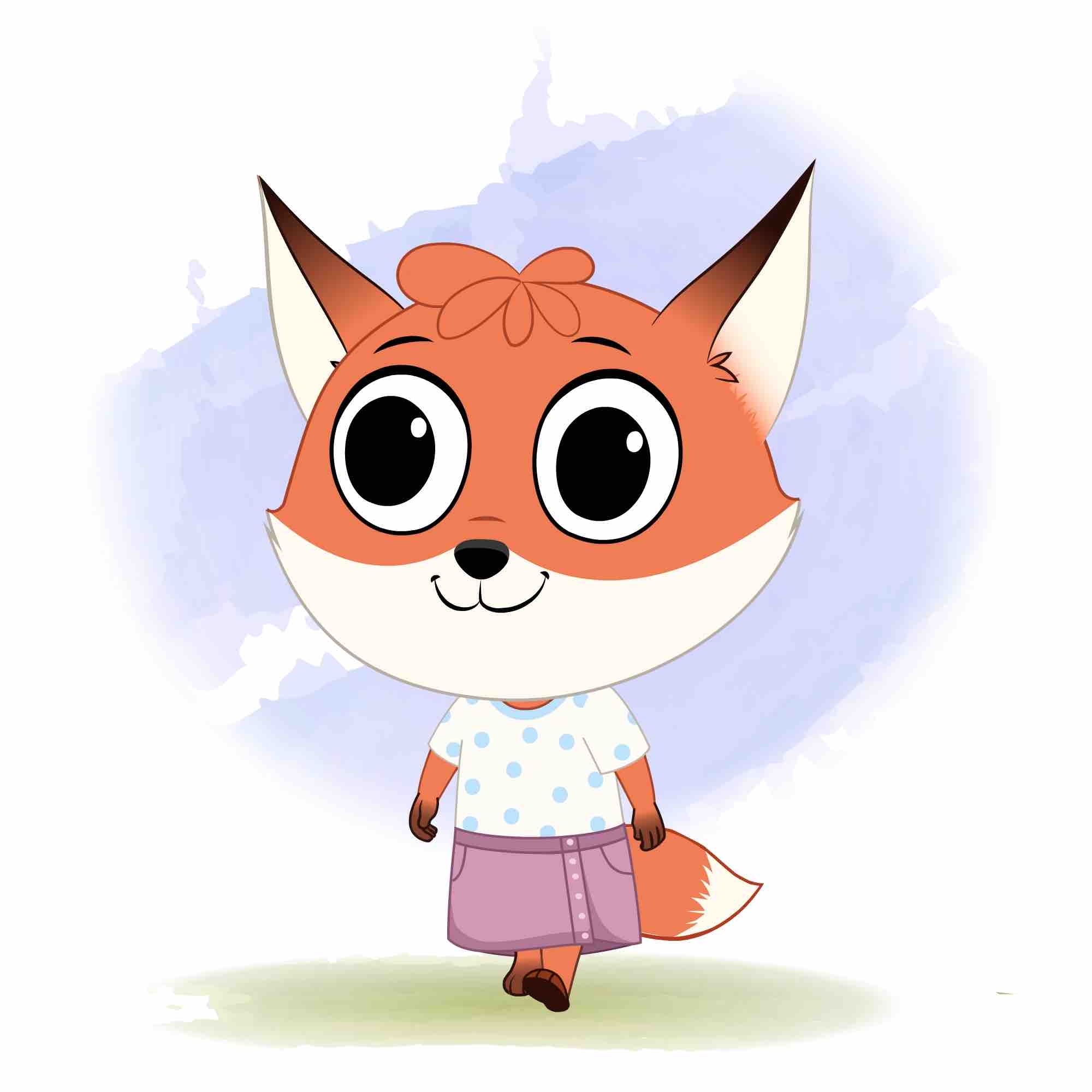 A fox 3/4 front view/three quarter view walking animated cartoon character aka nikki the fox