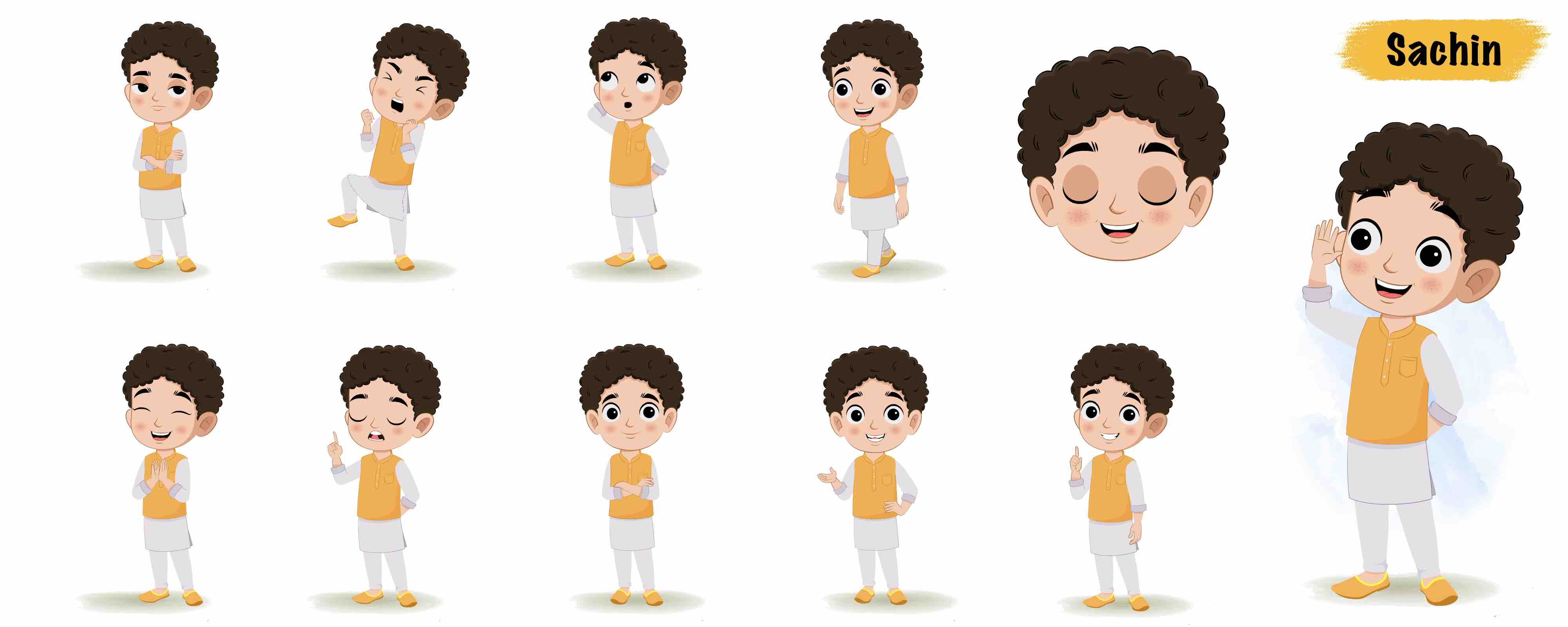 Indian boy in traditional clothes animated vector cartoon character model sheet AKA Sachin