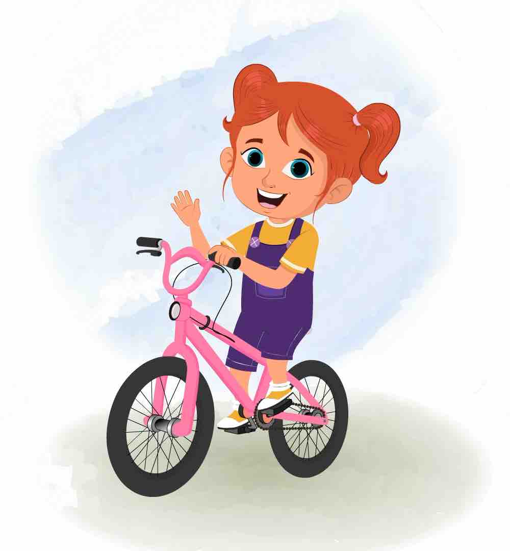 A cute little girl riding a bicycle animated cartoon character aka ella