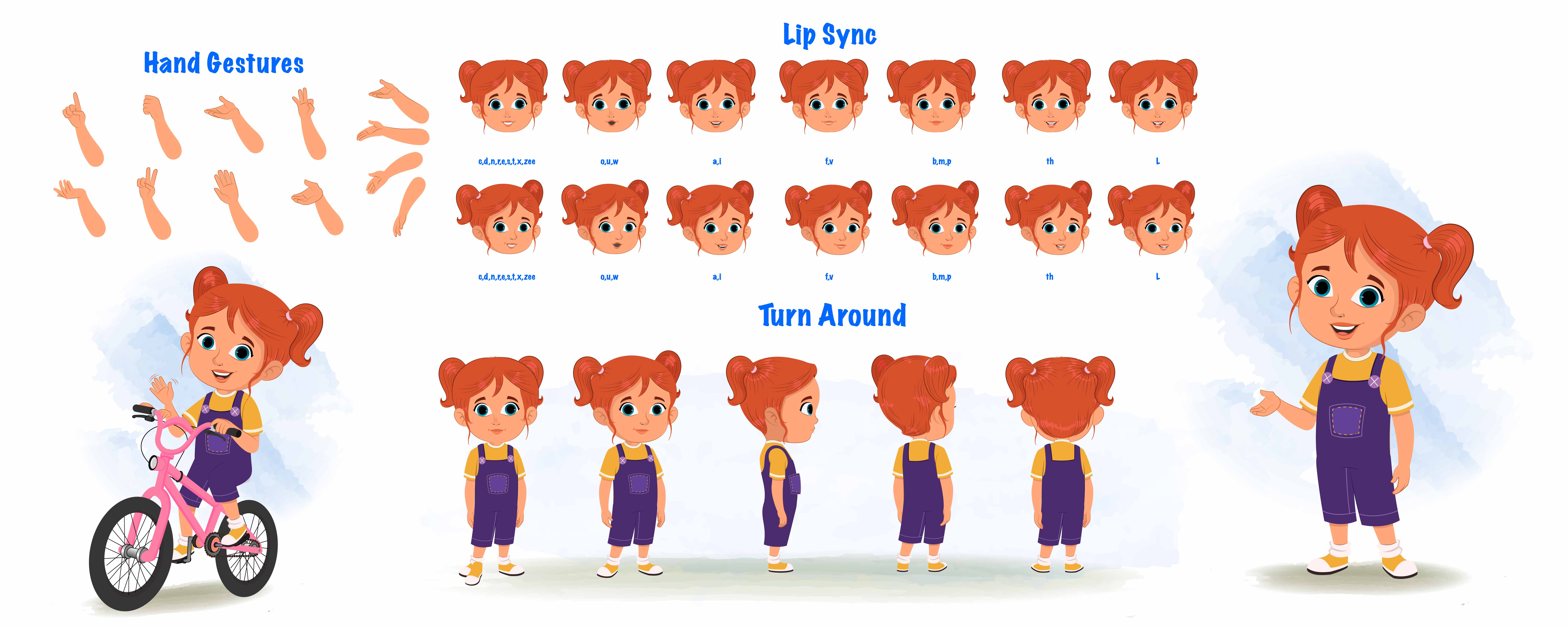 A cute litle girl cartoon character construction/model sheet aka ella