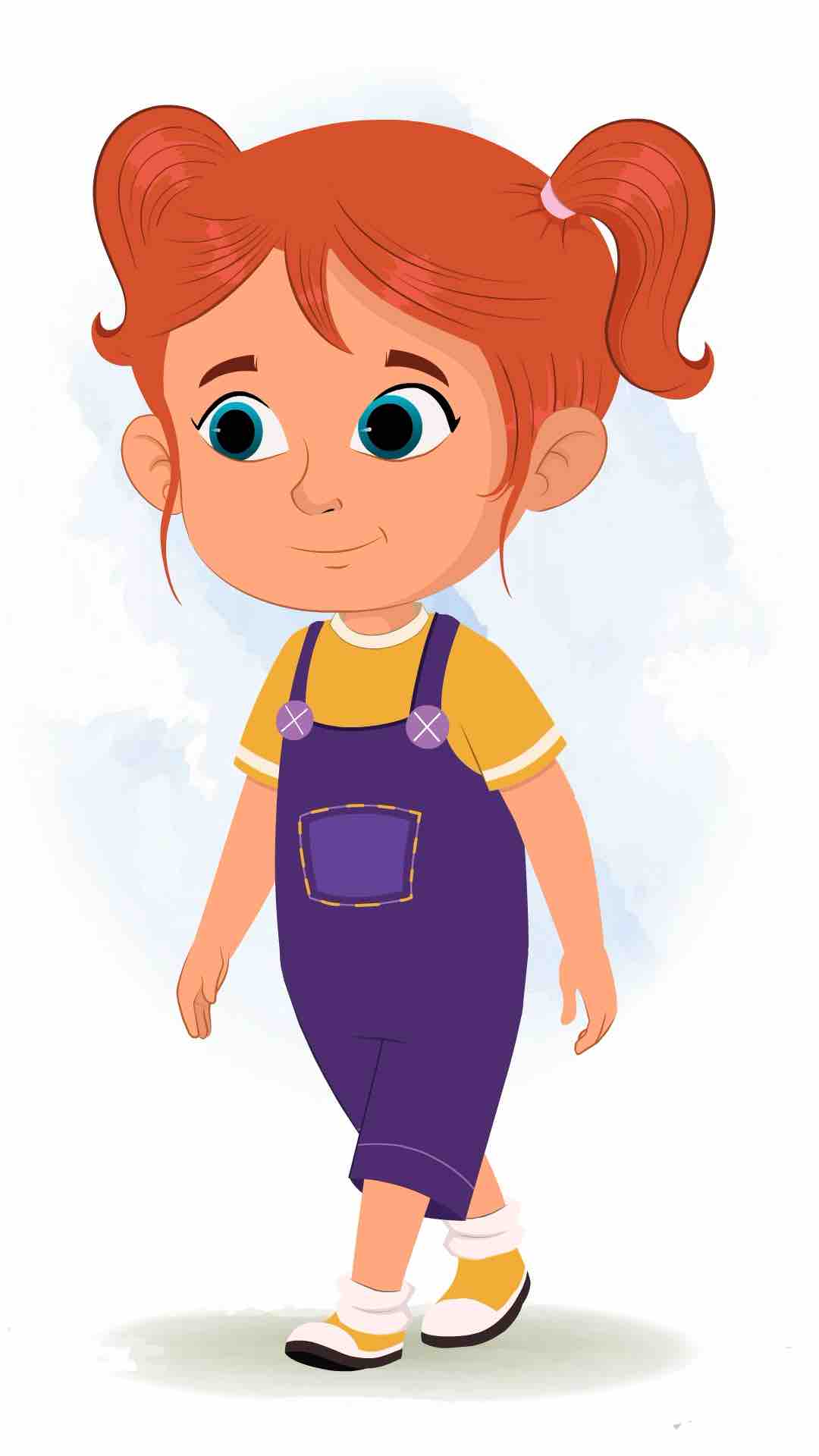 A cute little girl 3/4 front view/three quarter view walking animated cartoon character aka ella