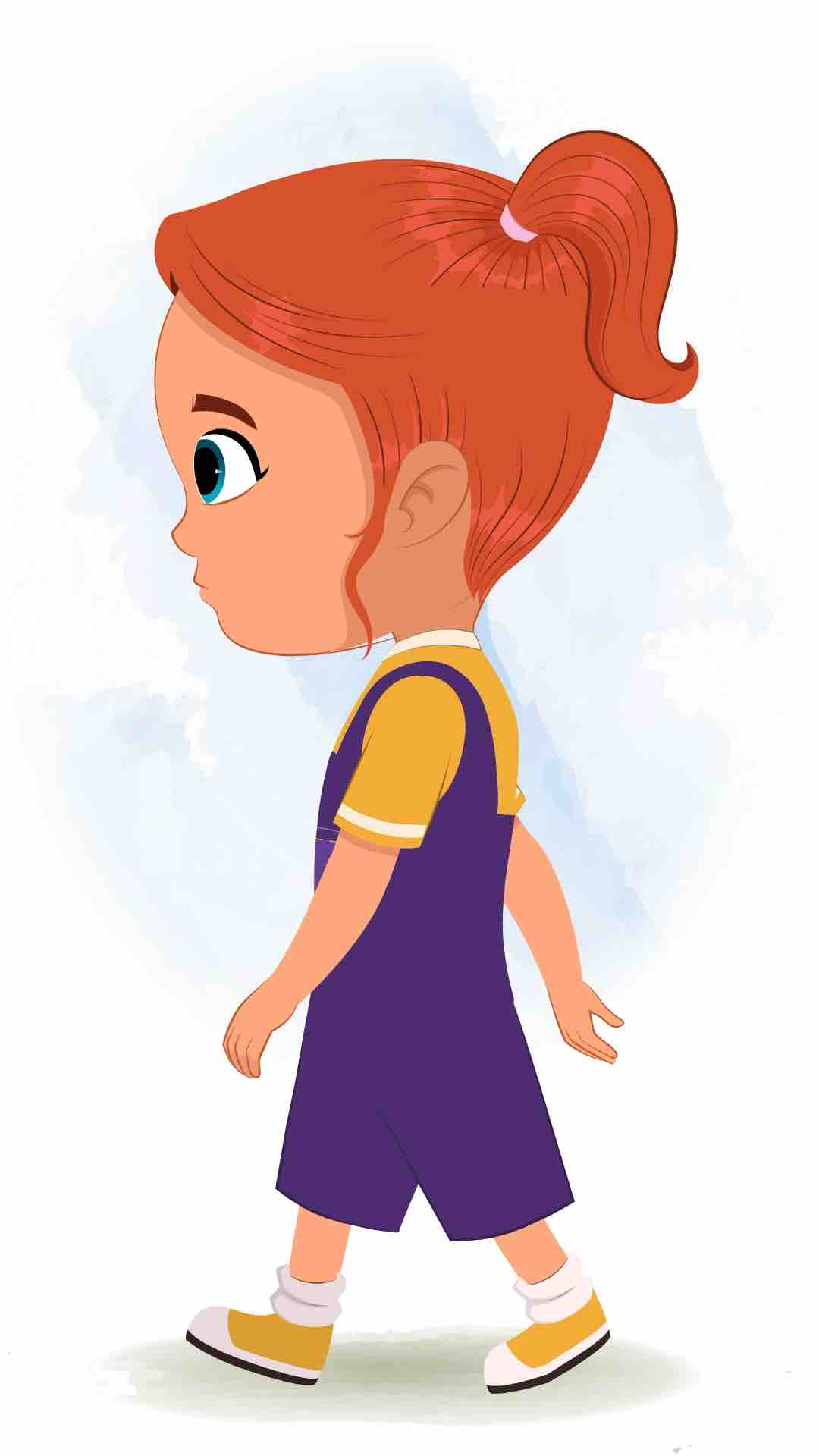 A cute little girl walking side view animated cartoon character aka ella