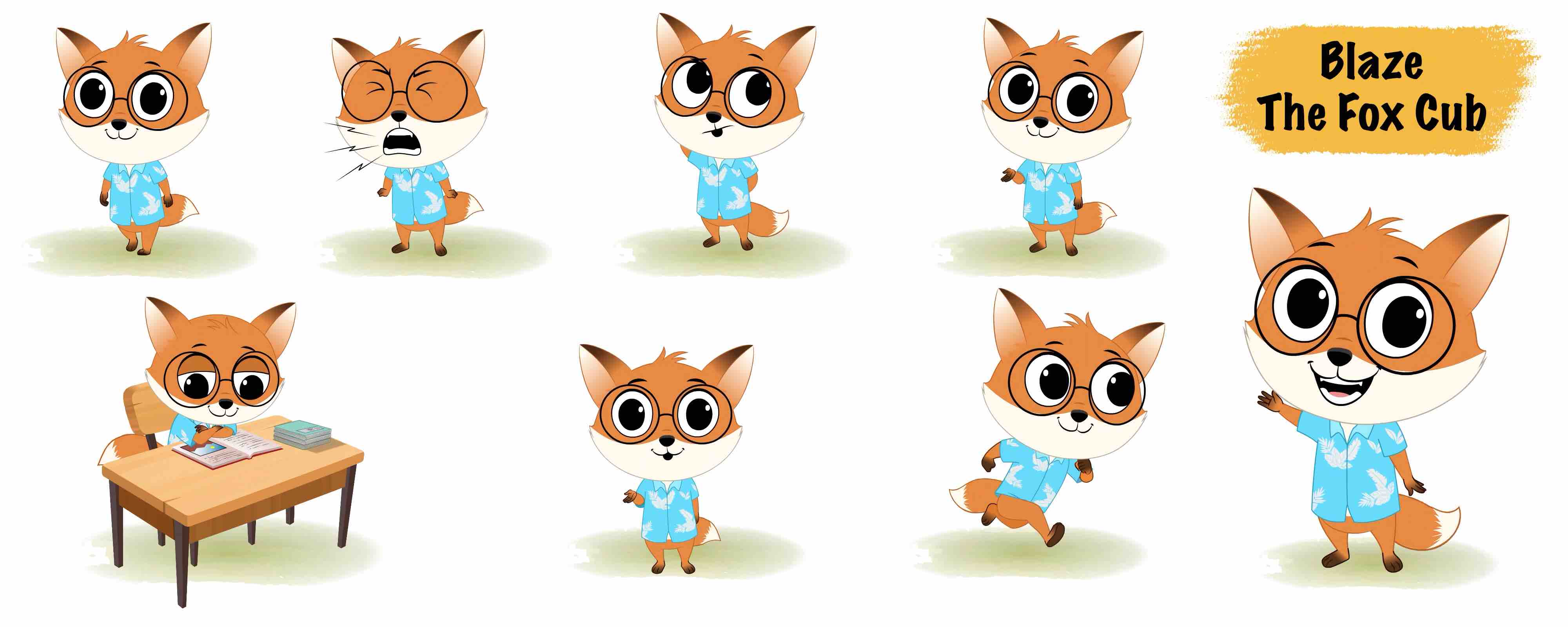 Cute little red fox animated vector cartoon character model sheet AKA Blaze The Fox Cub