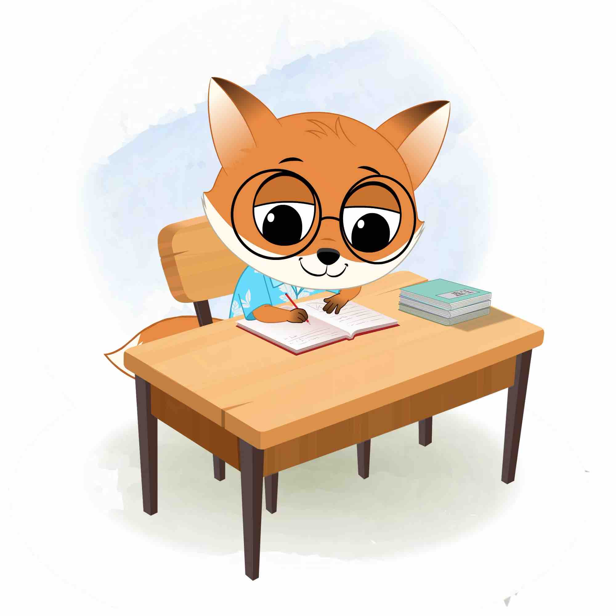 A cute little fox doing homework and sitting on the table animated cartoon character aka blaze the fox