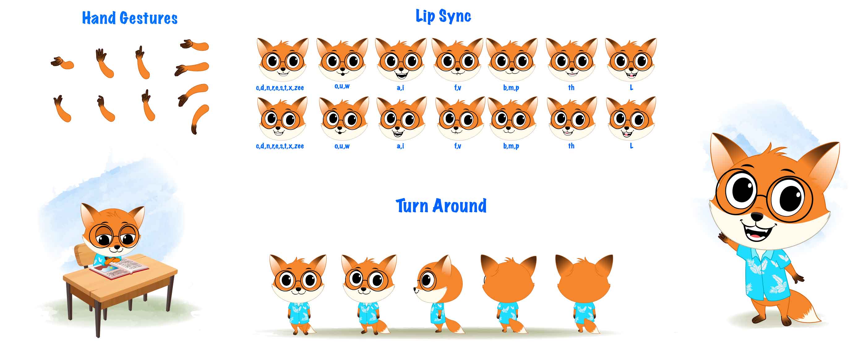 A cute little fox cartoon character construction/model sheet aka blaze the fox