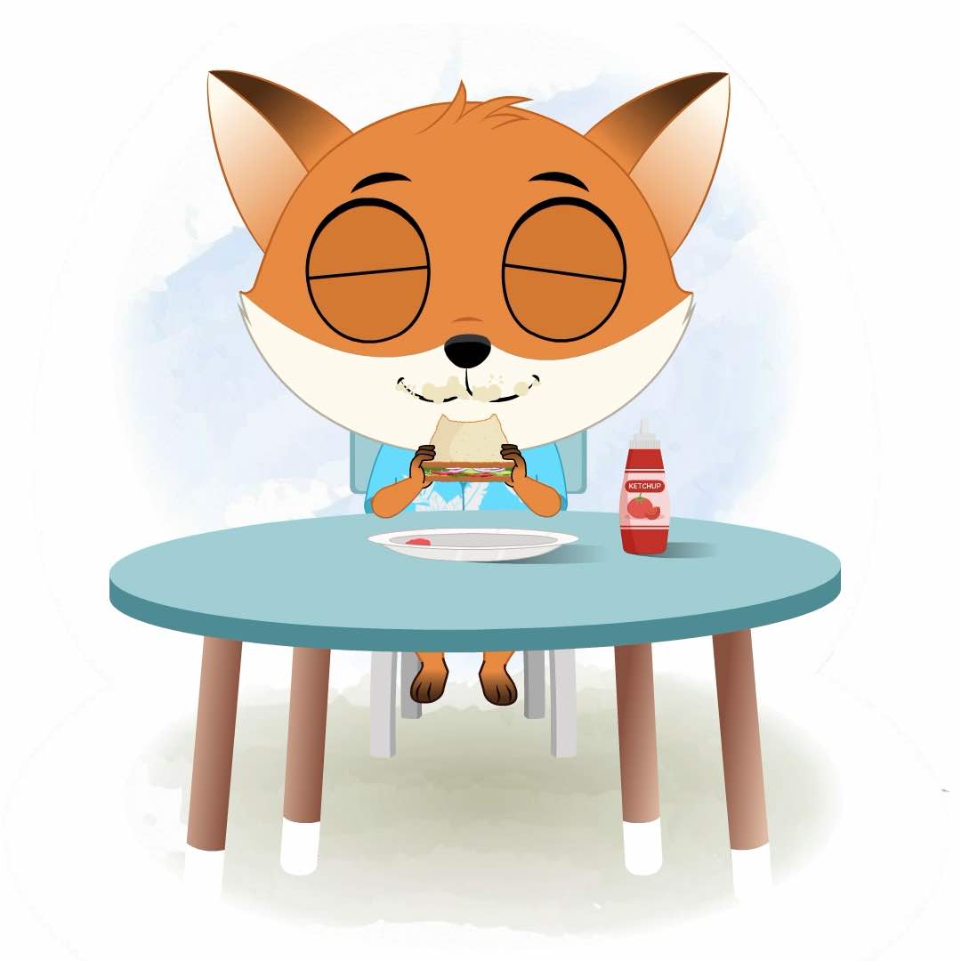 A cute little fox animated cartoon character sitting at a table and eating a sandwich aka blaze the fox