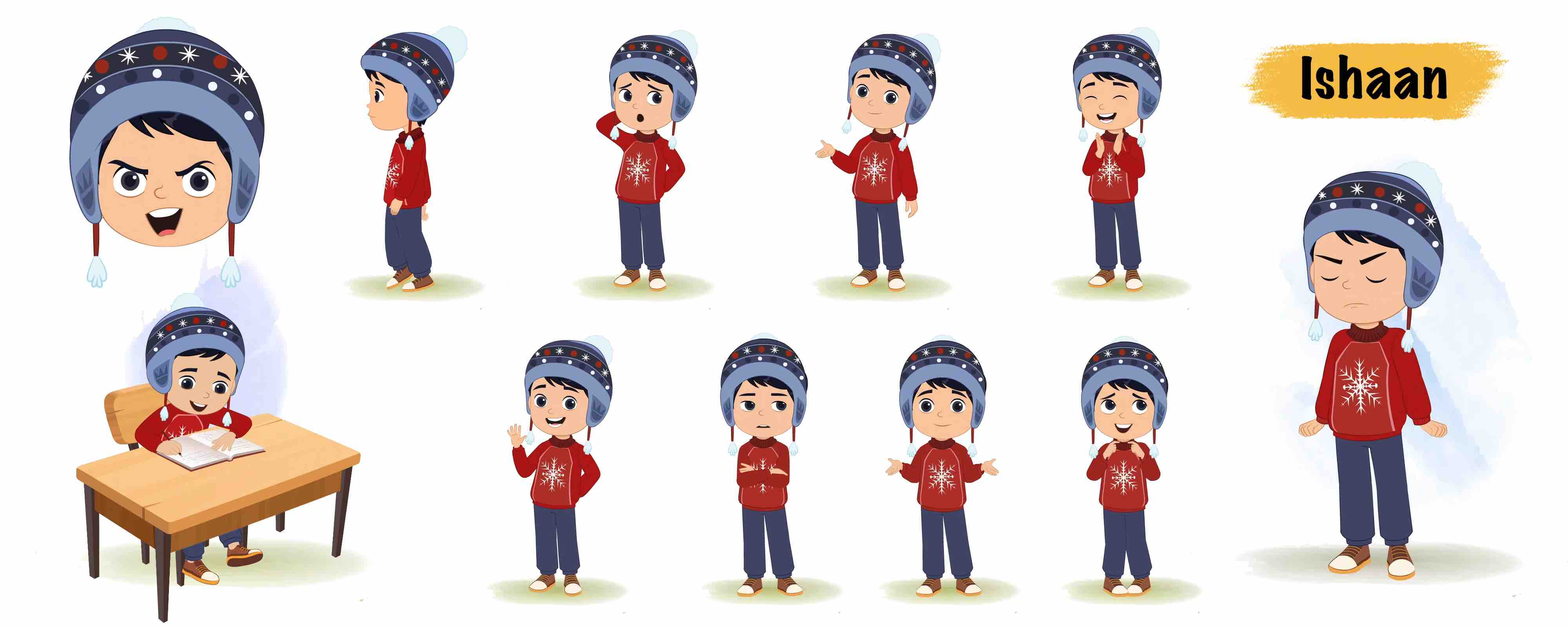 Cute boy in winter clothes animated vector cartoon character model sheet AKA Ishaan