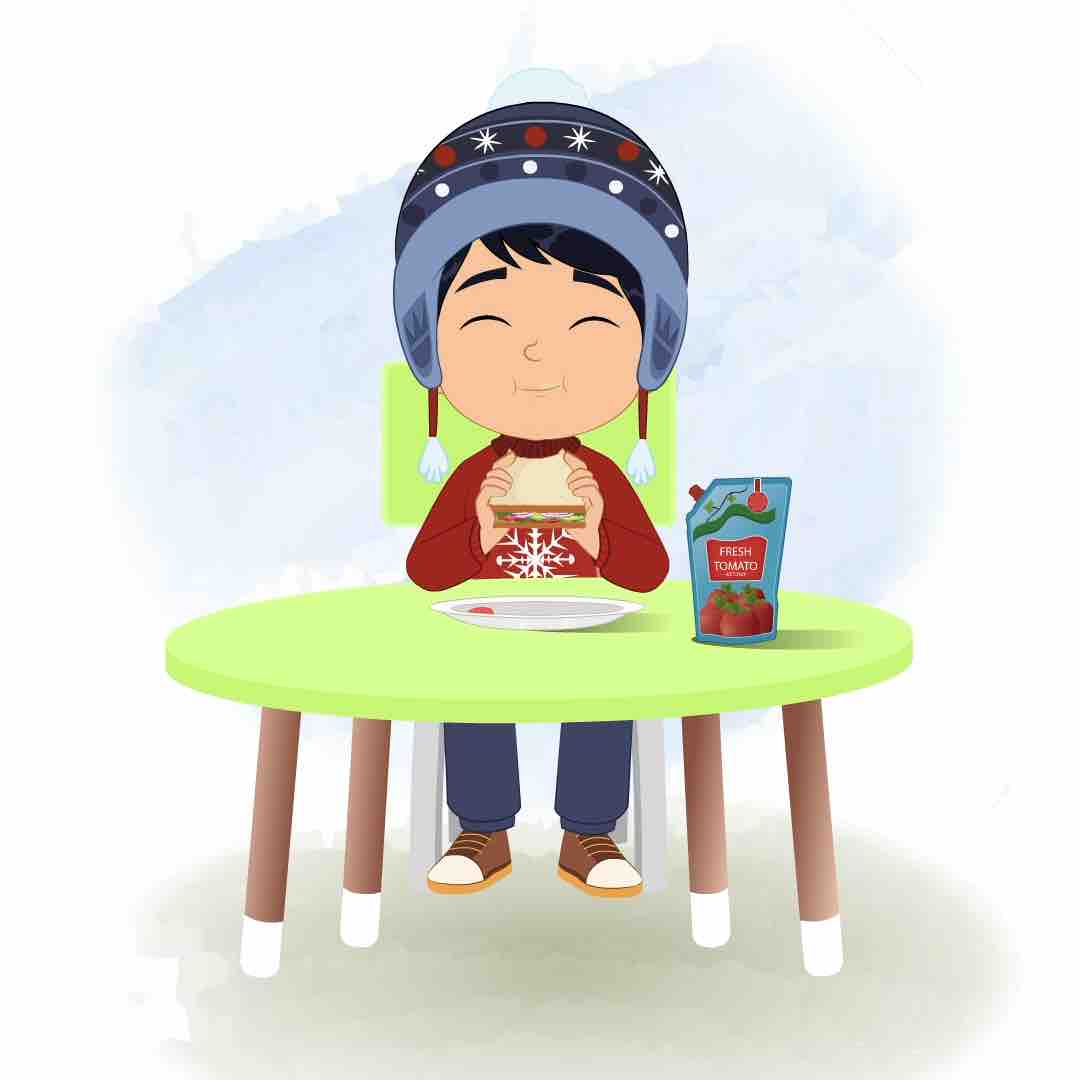 A cute boy animated cartoon character sitting at a table and eating a sandwich aka ishaan