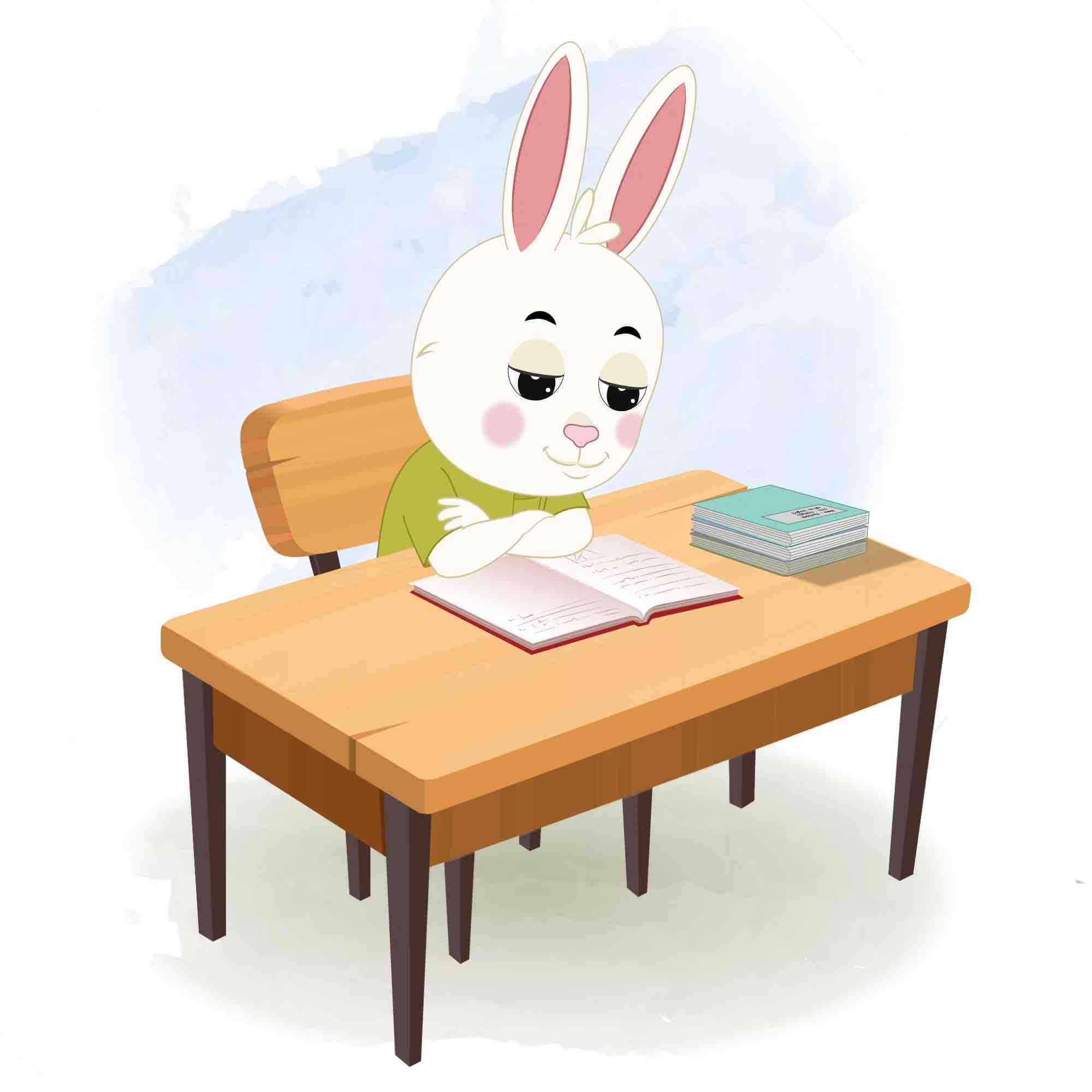 A rabbit reading a book and sitting on the table animated cartoon character aka heera the rabbit