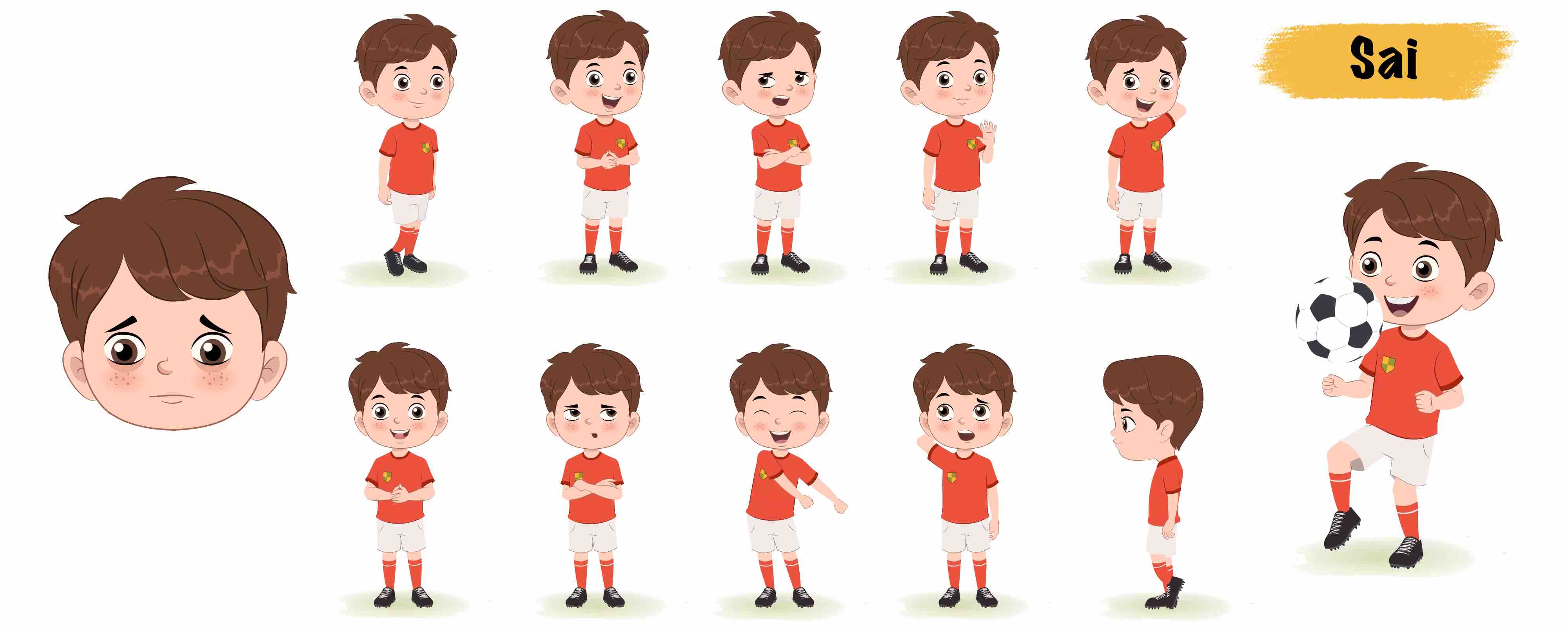 Cute sport boy animated vector cartoon character model sheet AKA Sai