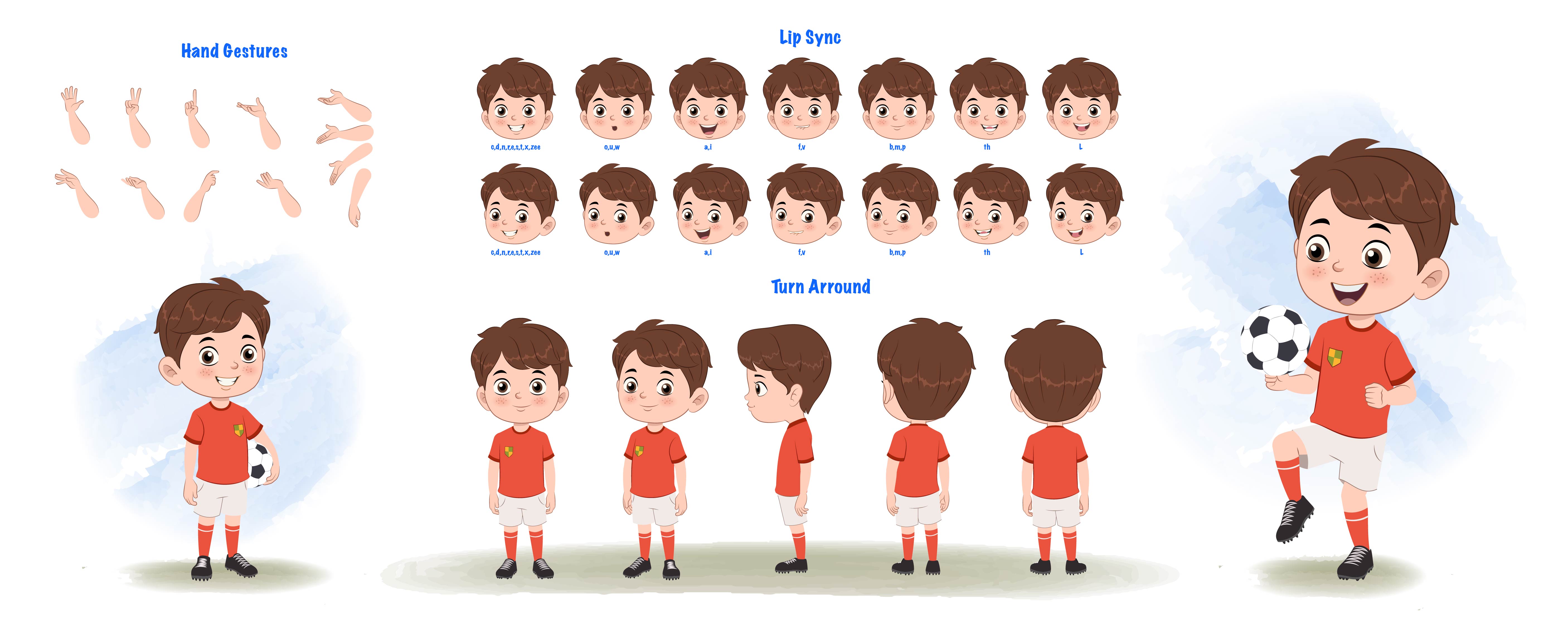 A cute sport boy cartoon character construction/model sheet aka sai