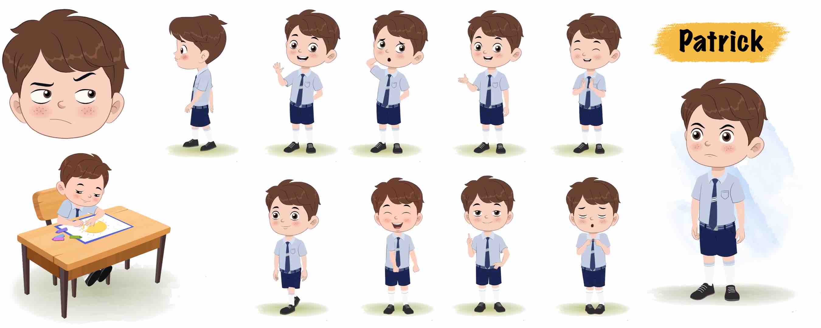 Cute little school boy animated vector cartoon character model sheet AKA Patrick