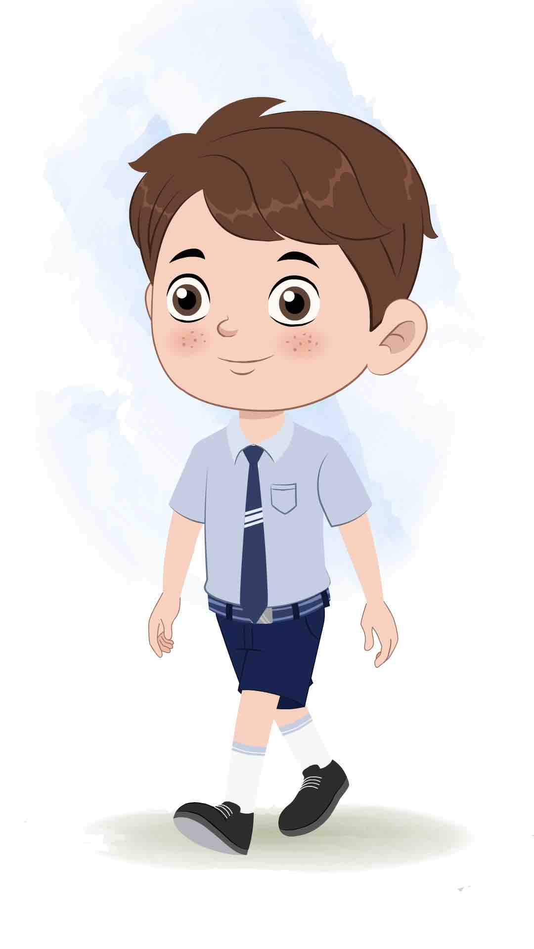 A cute little school boy 3/4 front view/three quarter view walking animated cartoon character aka patrick