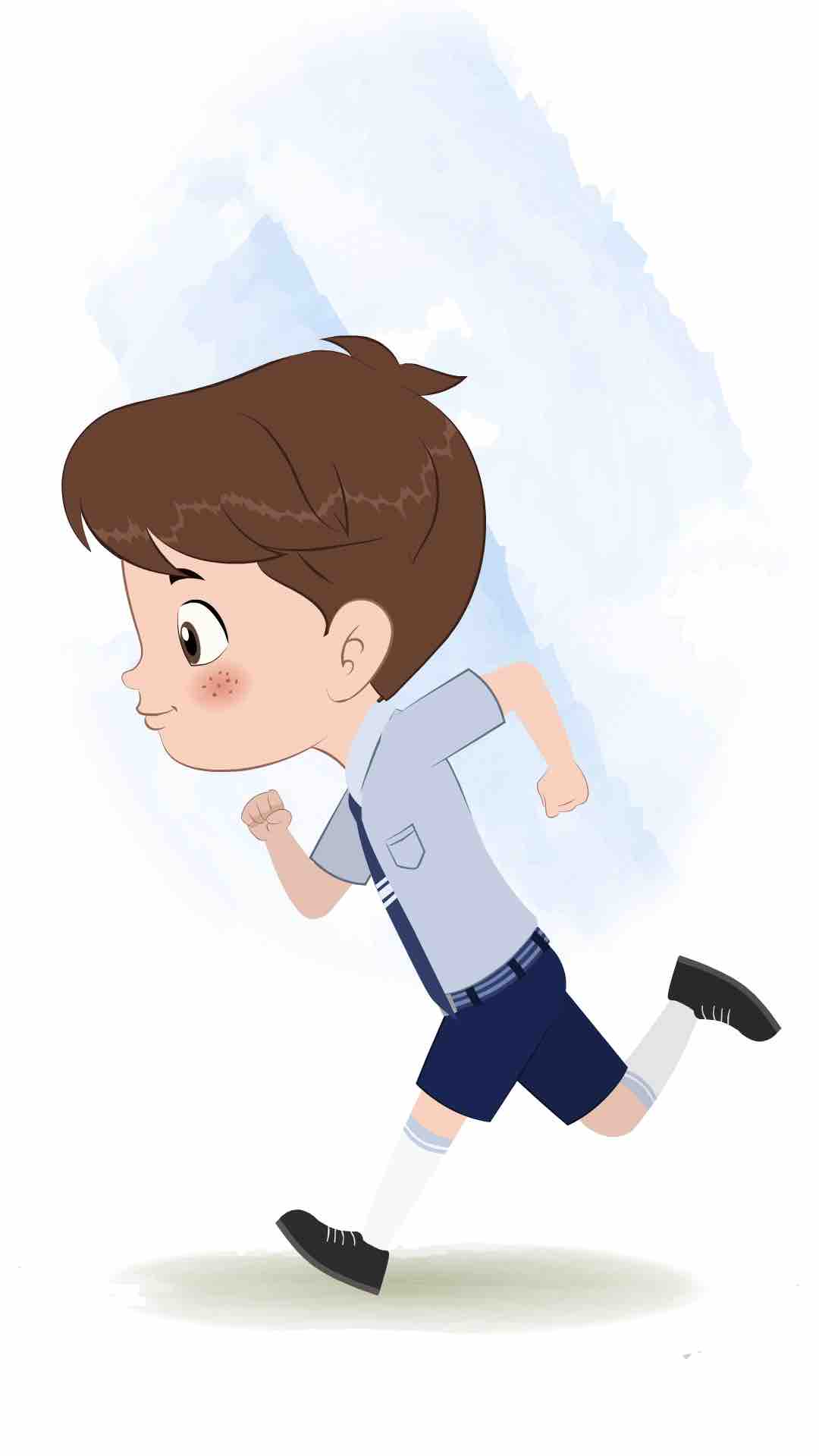 A cute little school boy running fast side view animated cartoon character aka patrick