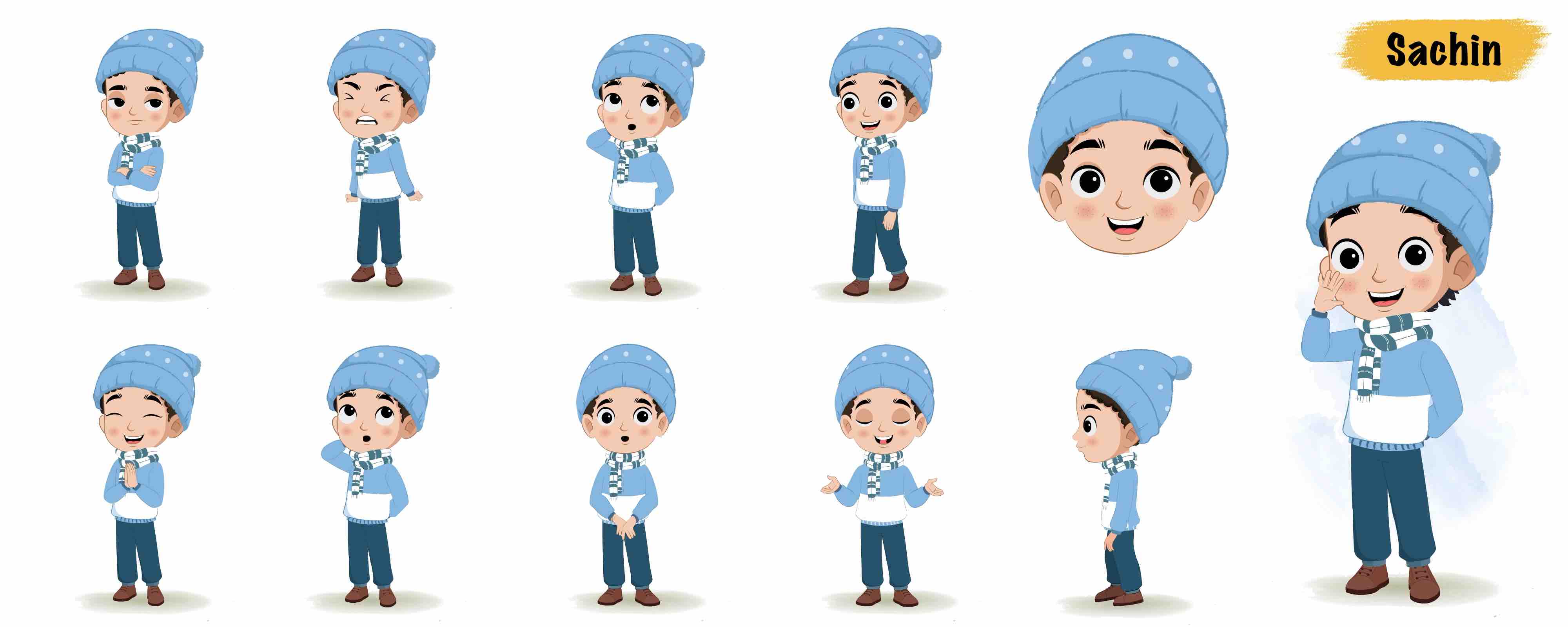 Boy in winter clothes animated vector cartoon character model sheet AKA Sachin