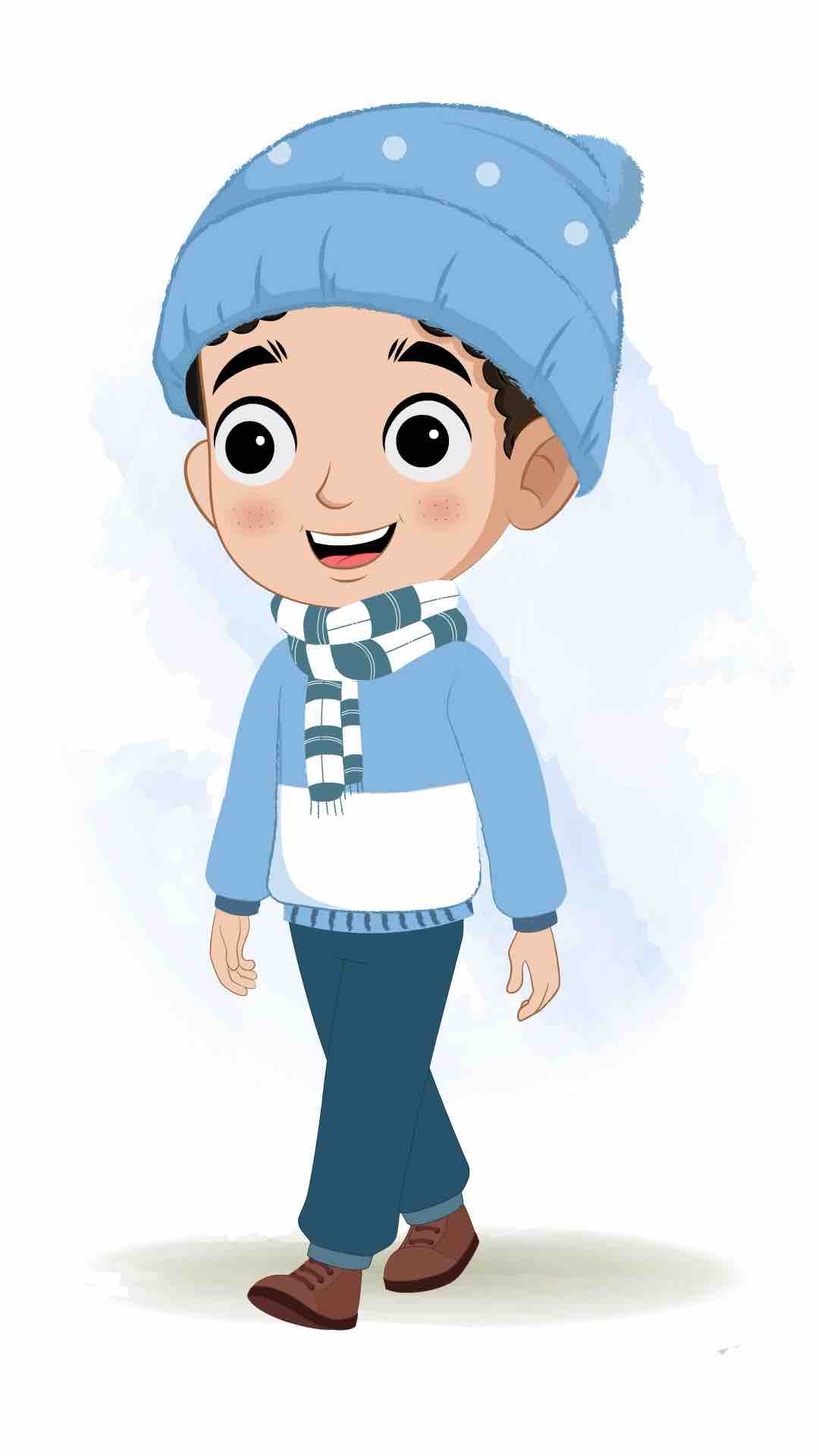 A boy in winter clothes 3/4 front view/three quarter view walking animated cartoon character aka sachin