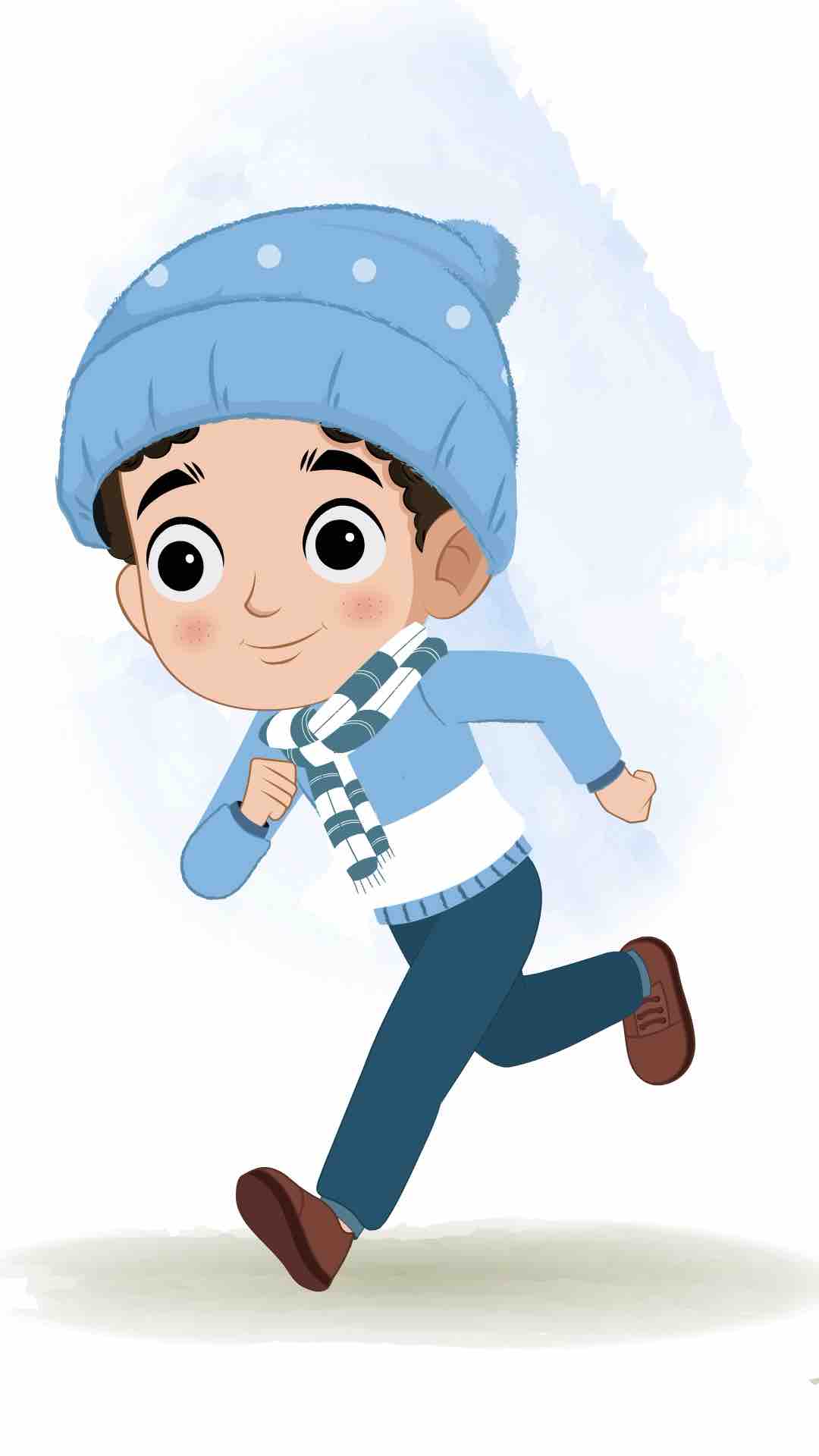 A boy in winter clothes running three quarter view animated cartoon character aka sachin