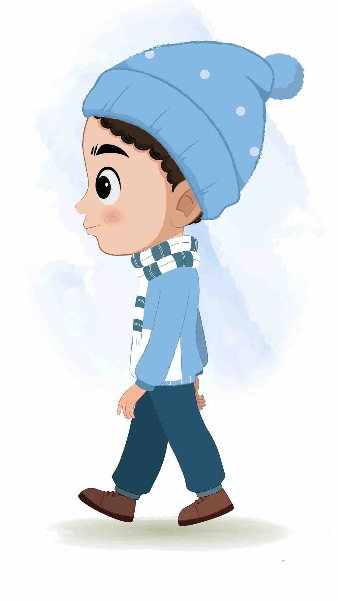 A boy in winter clothes walking side view animated cartoon character aka sachin