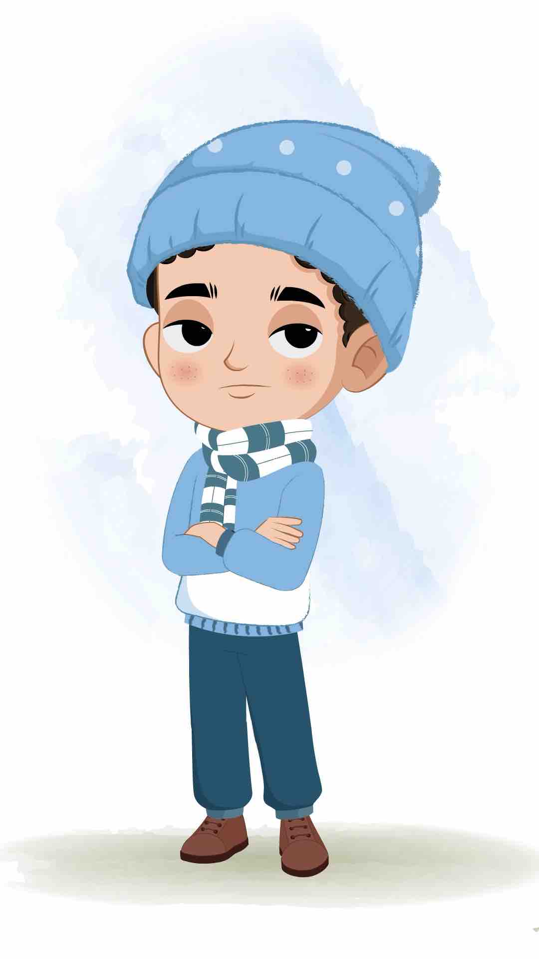 An annoyed boy in winter clothes animated cartoon character aka sachin