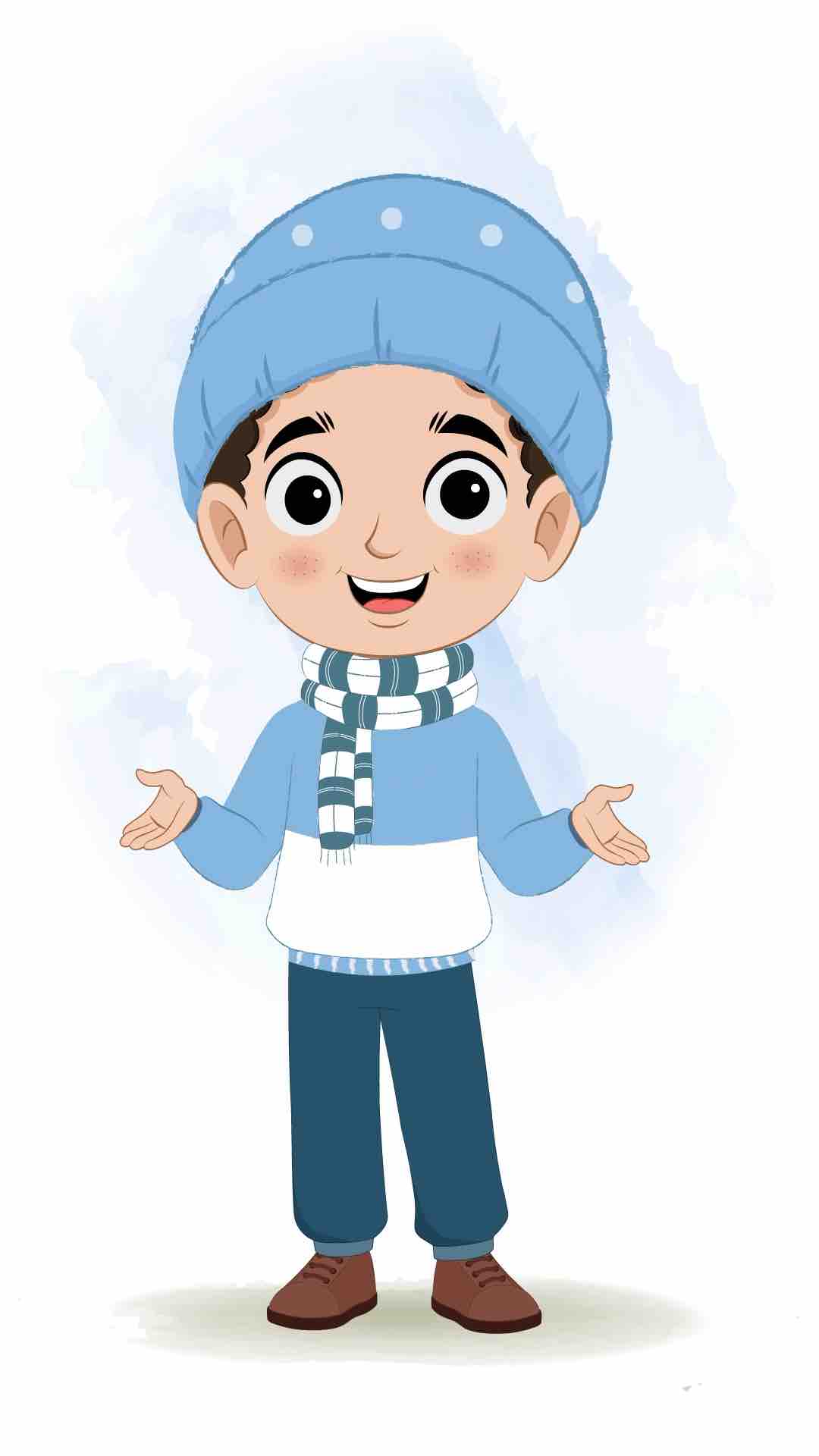 A boy in winter clothes talking animated cartoon character aka sachin