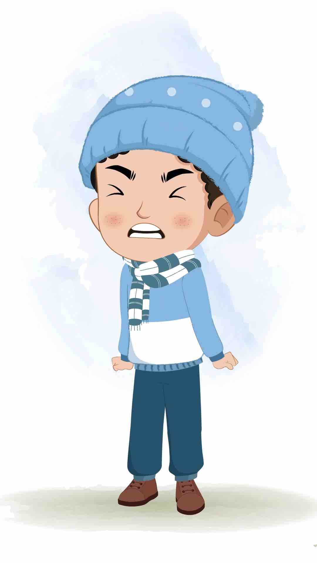 An angry boy in winter clothes animated cartoon character aka sachin