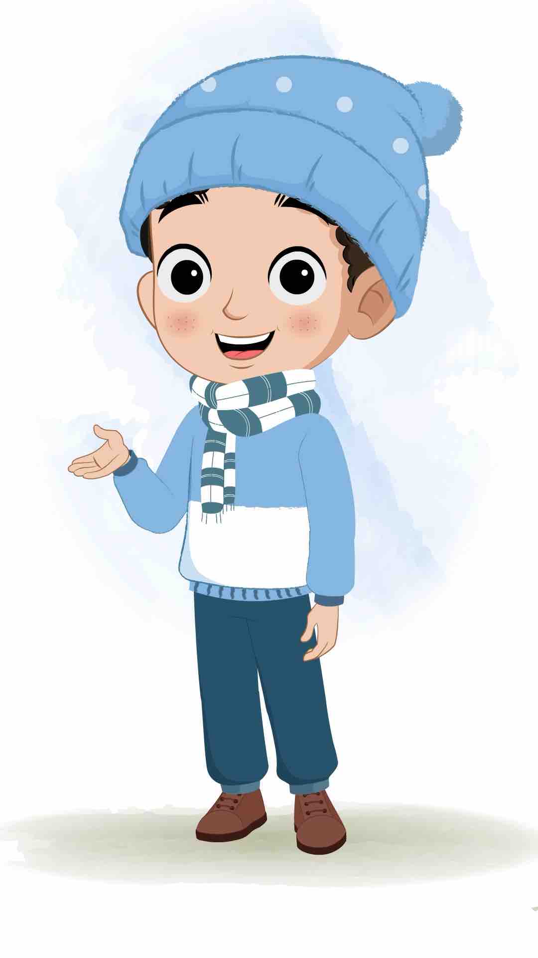 A boy in winter clothes talking animated cartoon character aka sachin