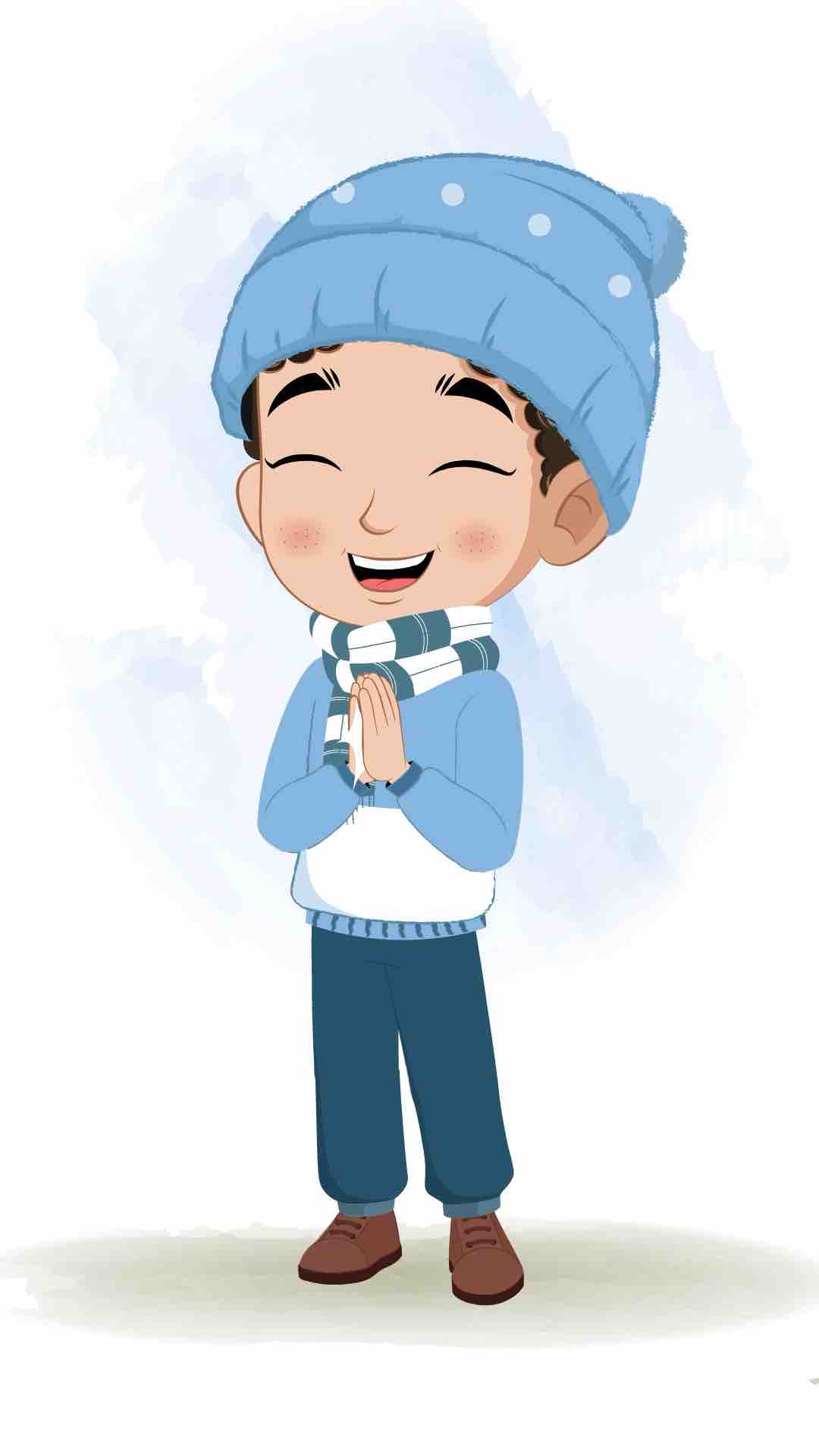 A boy in winter clothes clapping animated cartoon character aka sachin