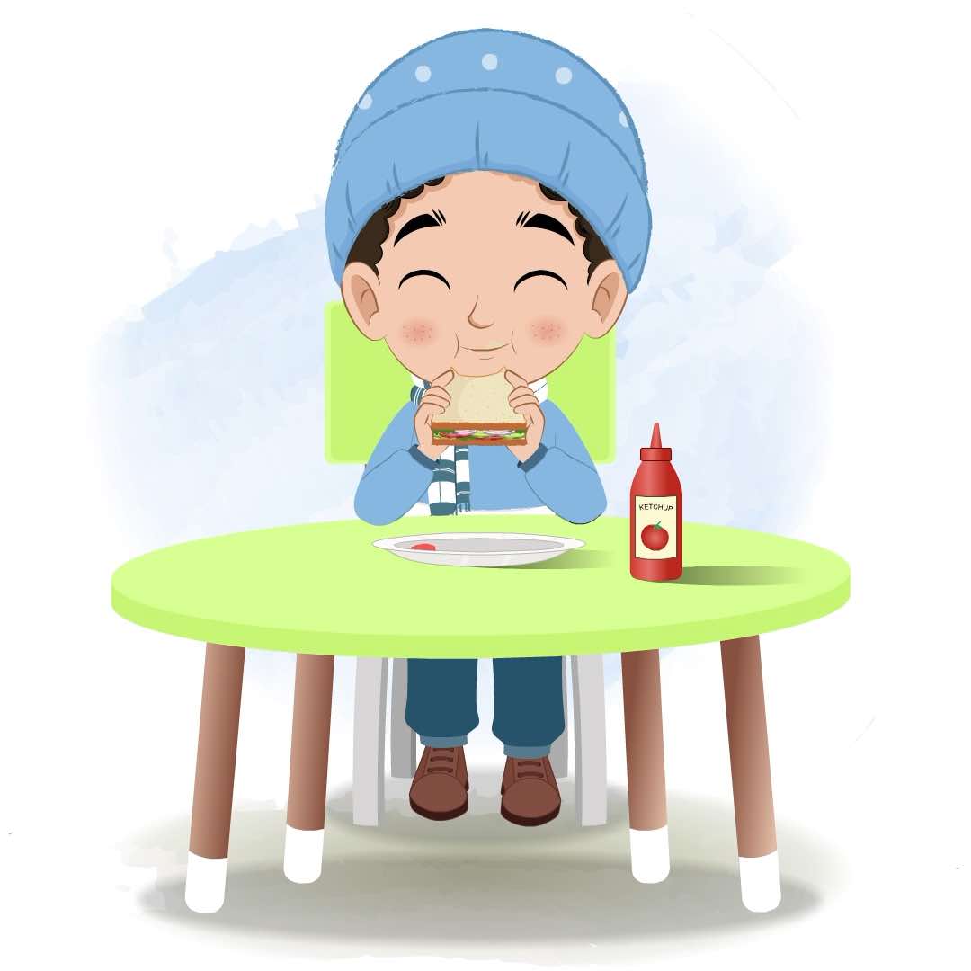 A boy in winter clothes animated cartoon character sitting at a table and eating a sandwich aka sachin