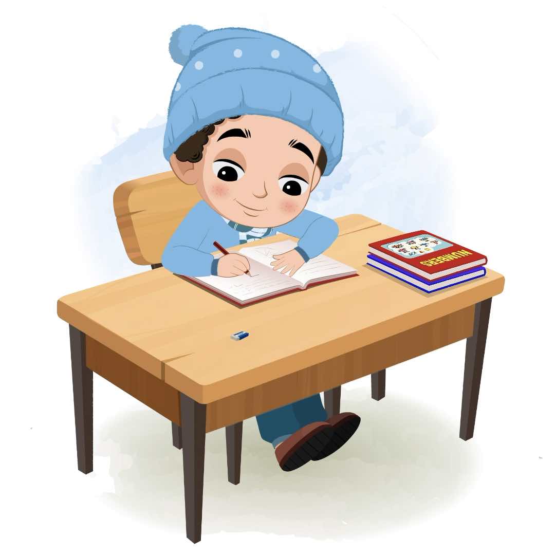 A boy in winter clothes doing homework and sitting on the table animated cartoon character aka sachin