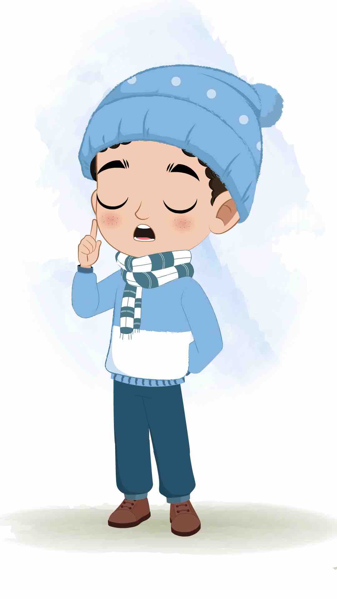 A boy in winter clothes saying no animated cartoon character aka sachin