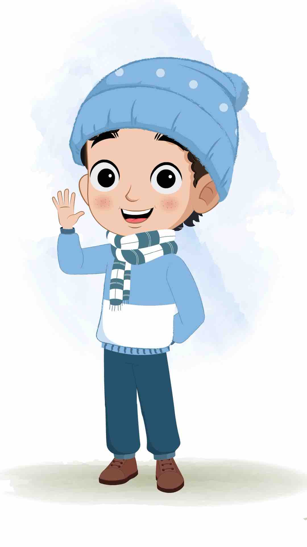 A boy in winter clothes saying hello animated cartoon character aka sachin