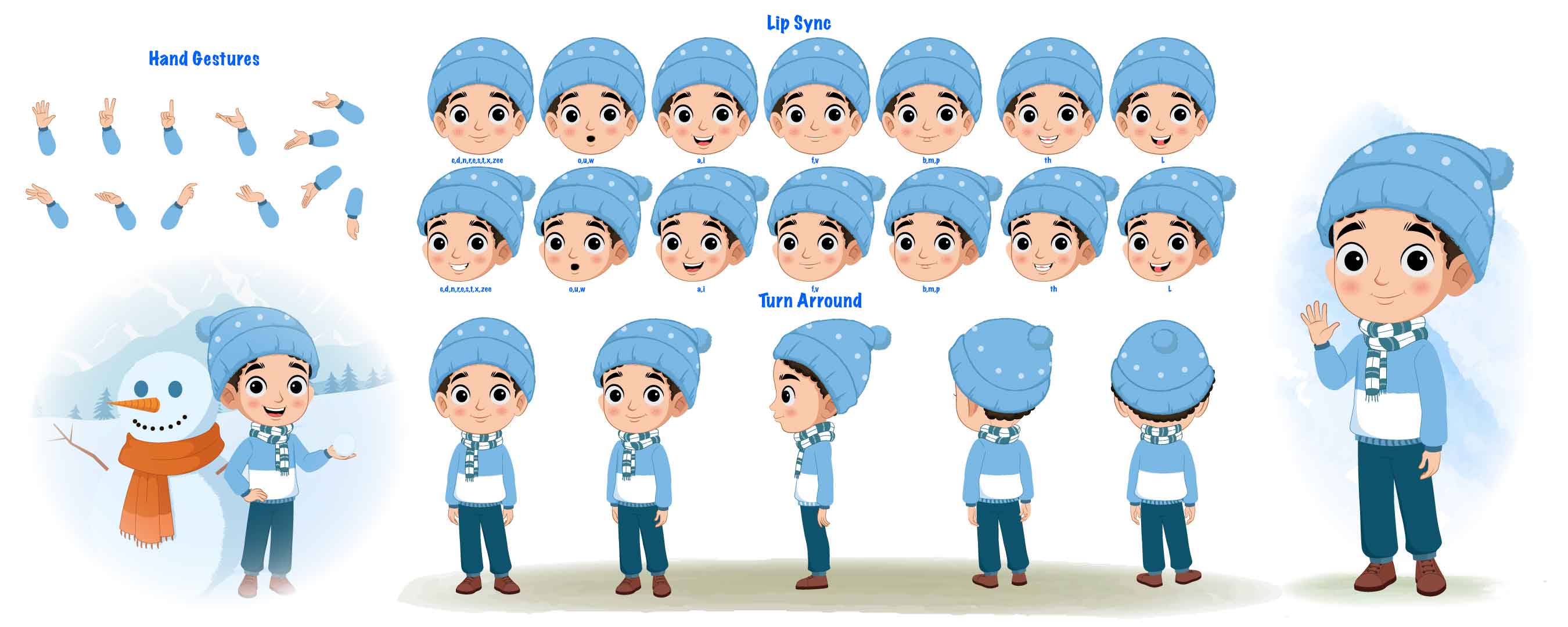 A boy in winter clothes cartoon character construction/model sheet aka sachin