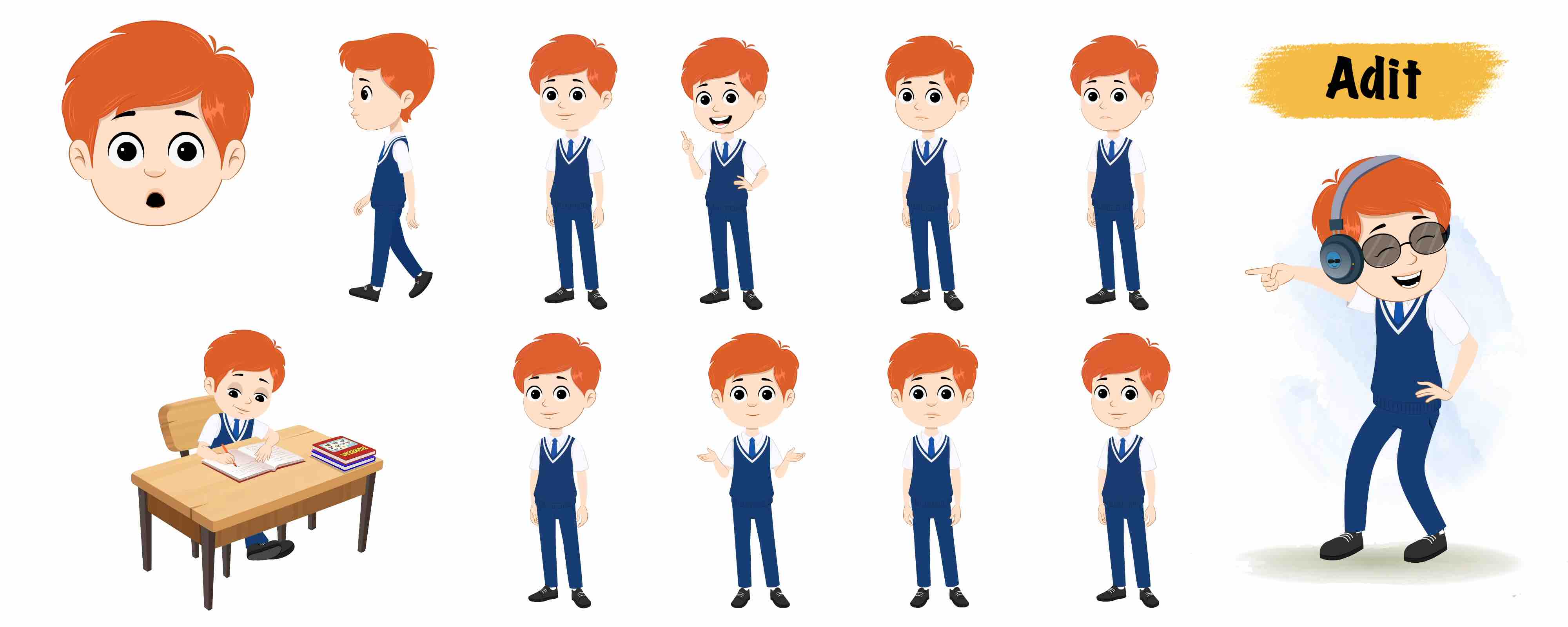 Boy animated vector cartoon character model sheet AKA Adit