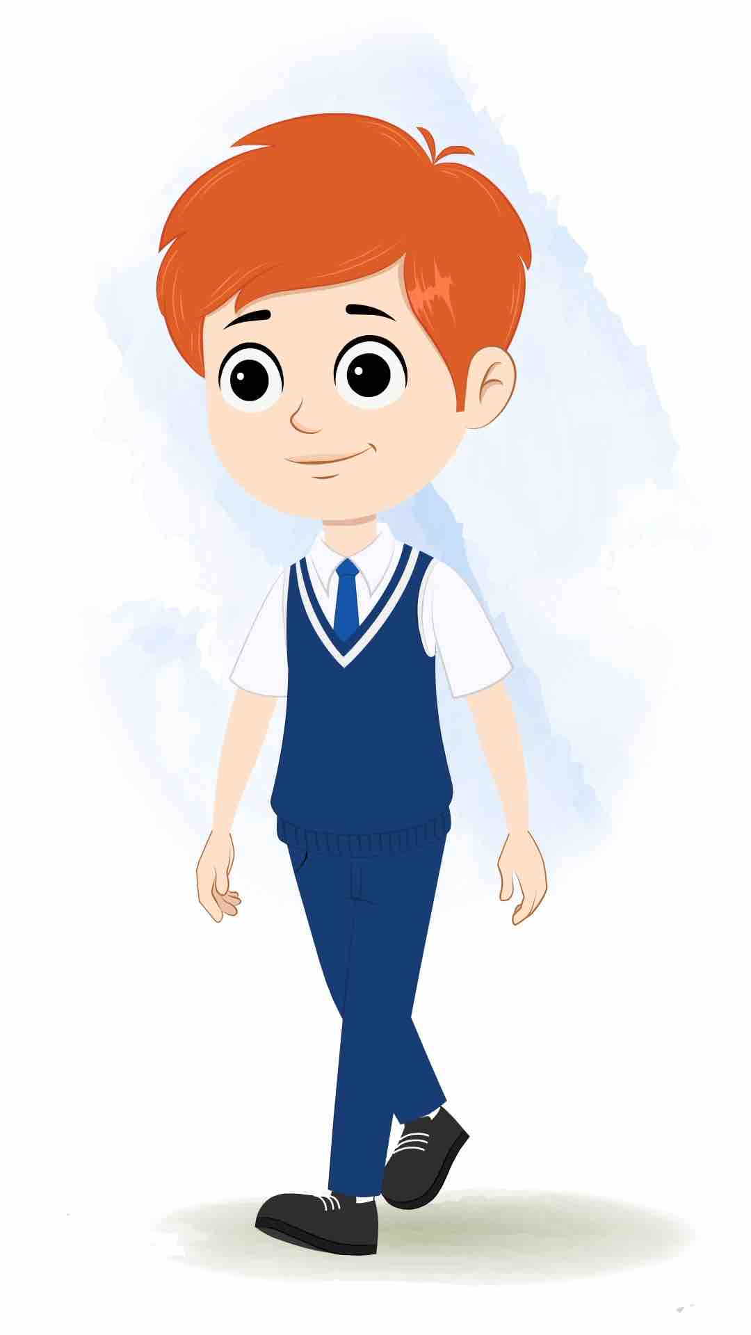 A boy 3/4 front view/three quarter view walking animated cartoon character aka adit