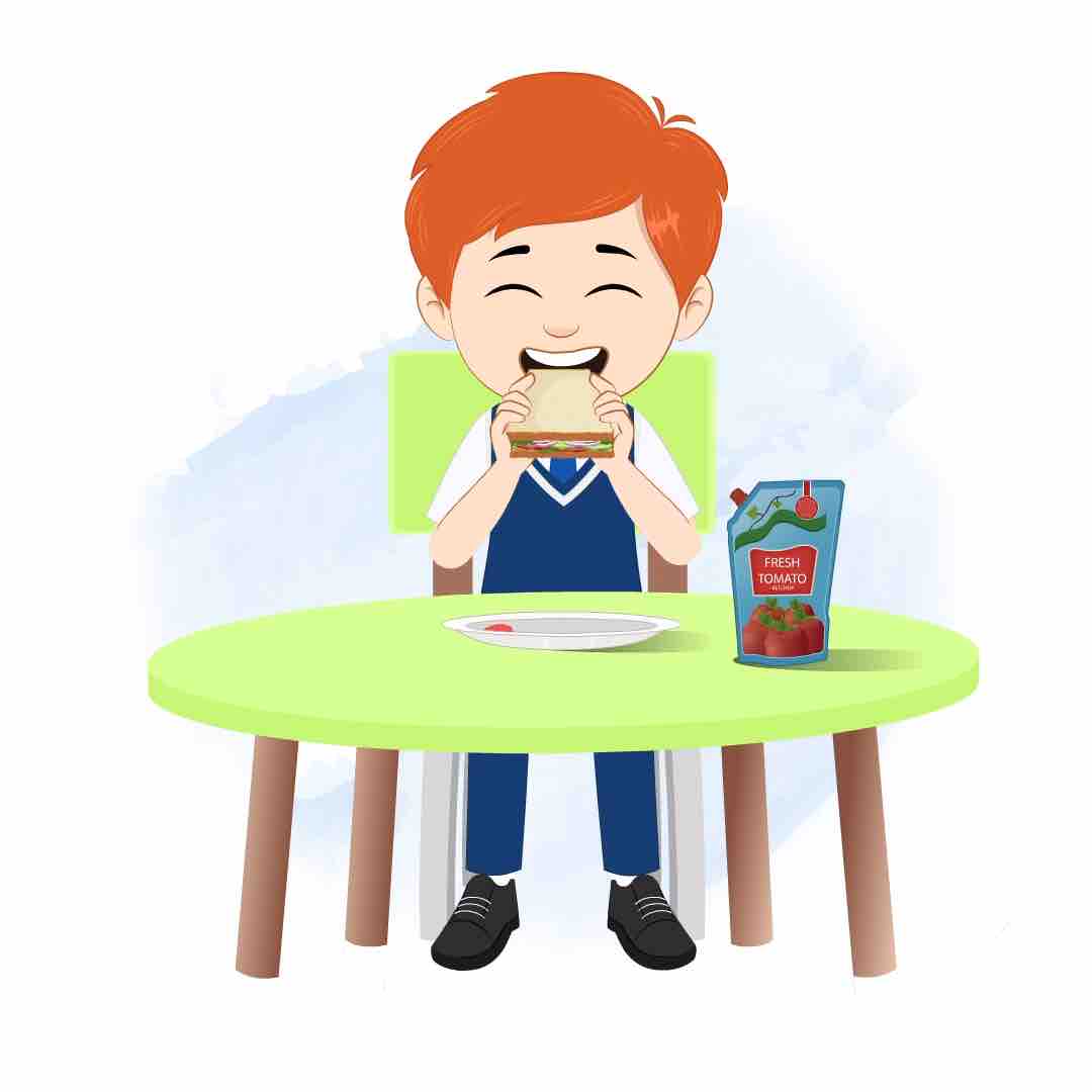 A boy animated cartoon character sitting at a table and eating a sandwich aka adit