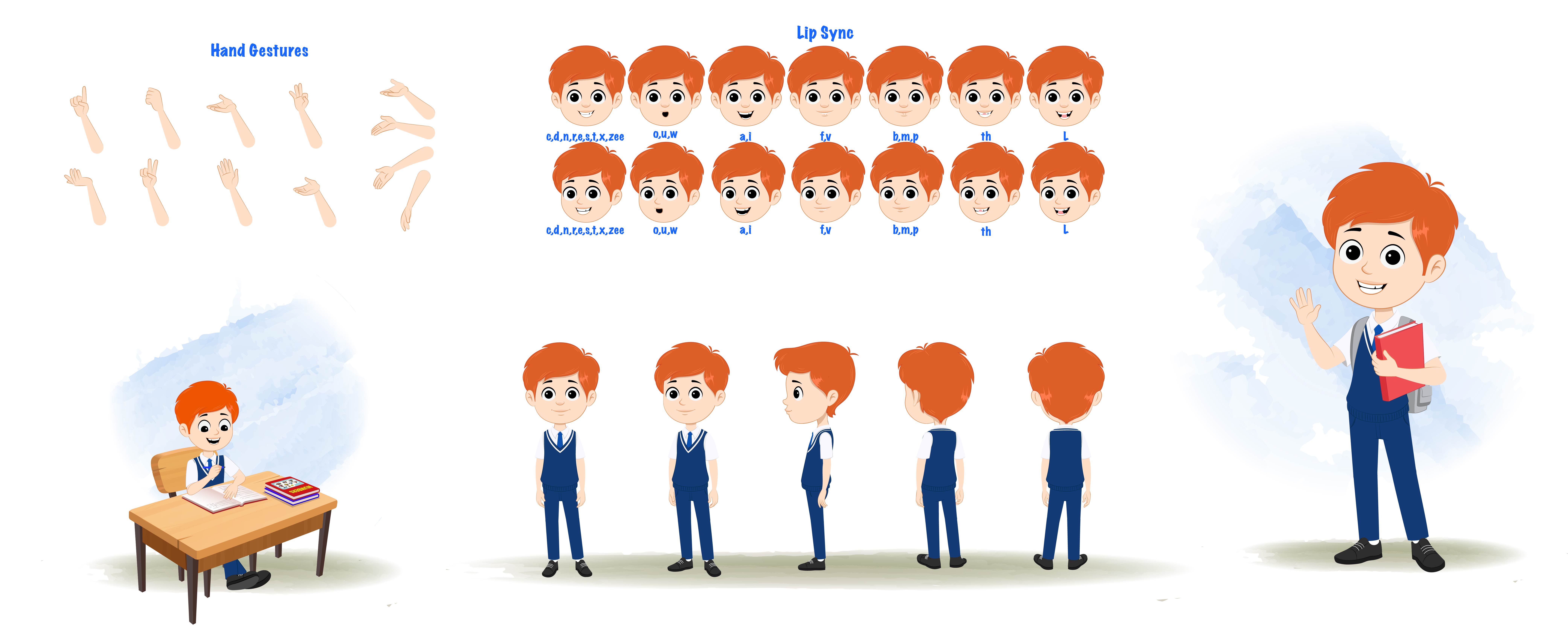 A boy cartoon character construction/model sheet aka adit