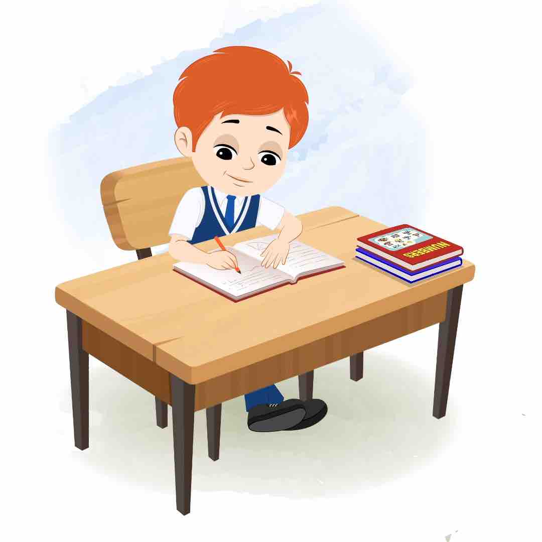 A boy doing homework and sitting on the table animated cartoon character aka adit