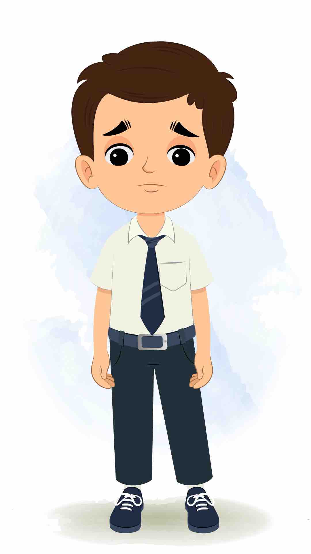 A sad little school boy animated cartoon character aka bittu