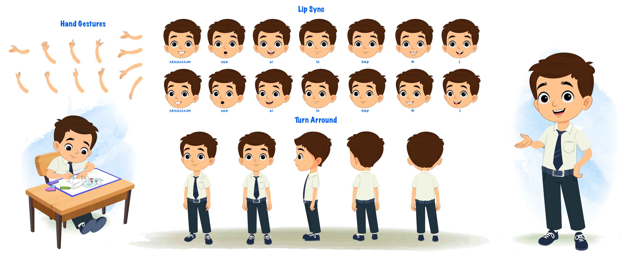 A little school boy cartoon character construction/model sheet aka bittu