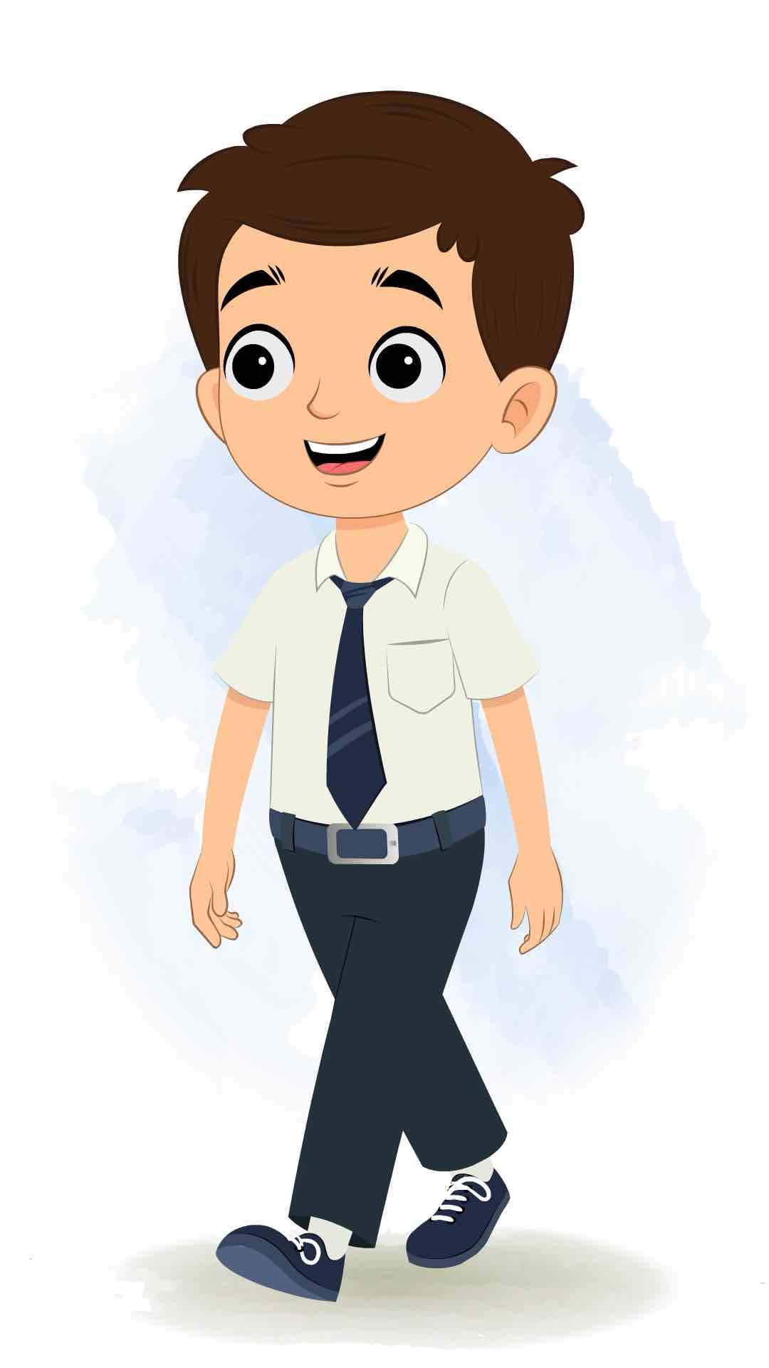 A little school boy 3/4 front view/three quarter view walking animated cartoon character aka bittu