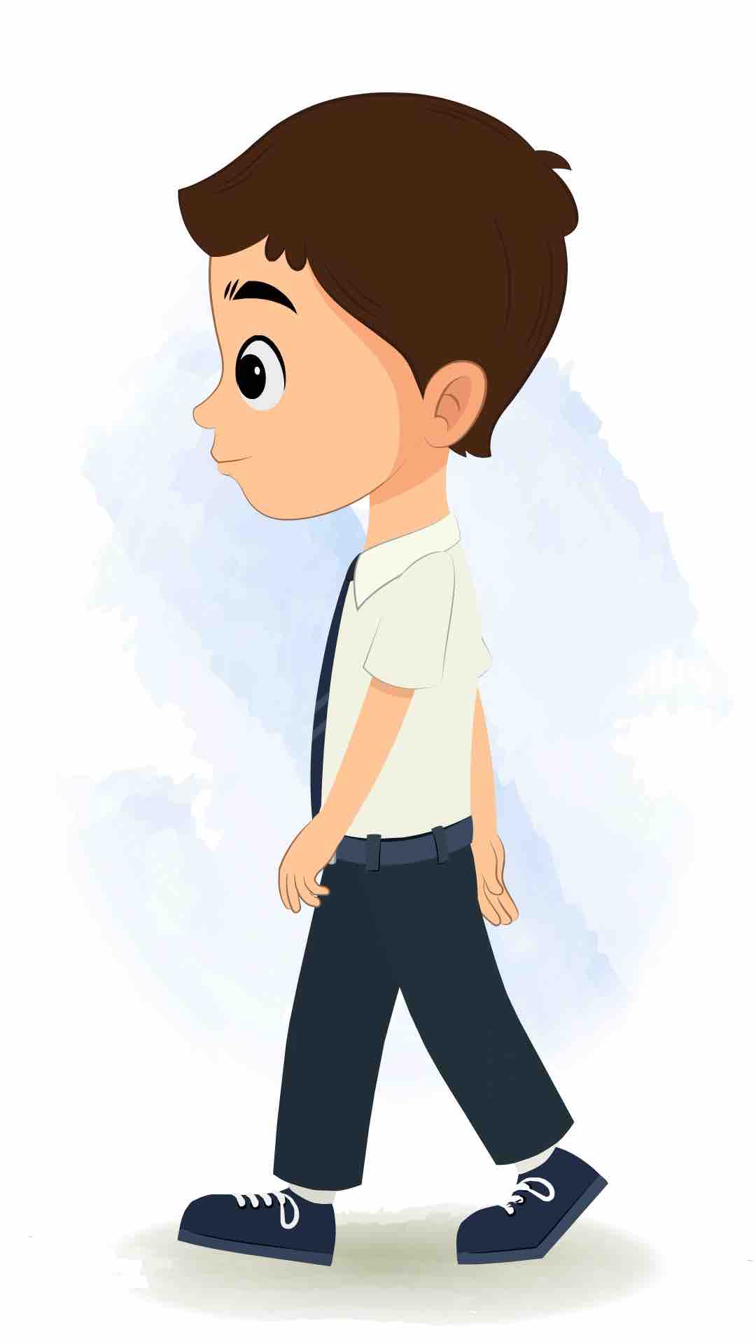 A little school boy walking side view animated cartoon character aka bittu