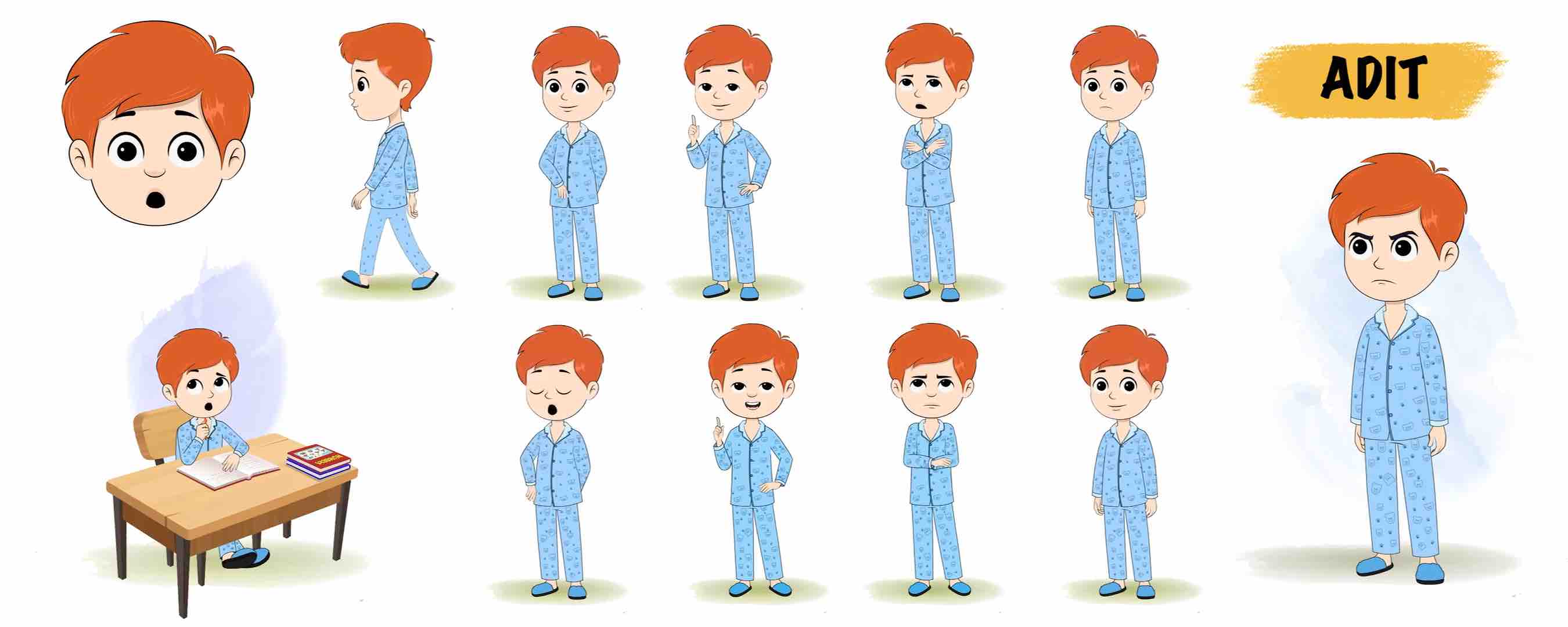 Boy in night dress animated vector cartoon character model sheet AKA Adit