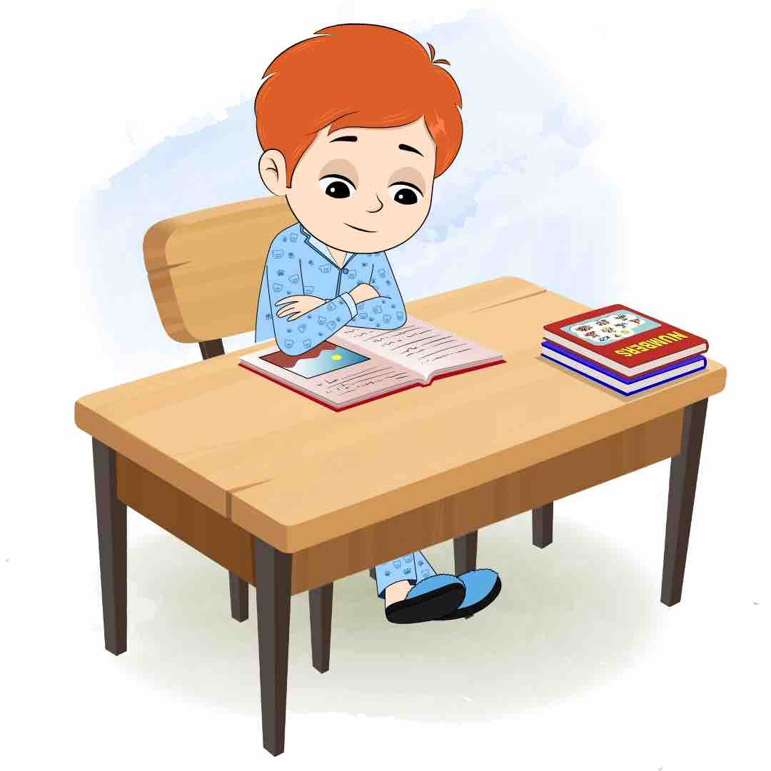 A boy in night dress reading a book and sitting on the table animated cartoon character aka adit